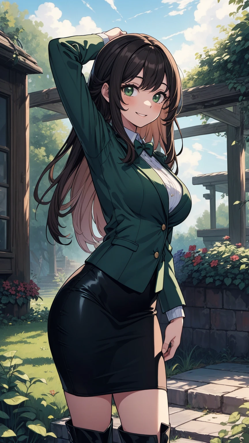 High resolution, high quality, 1 girl, anime girl, brown long hair, brown eyes,heart-shaped pupil, green glasses, tanned skin, big breasts,beautiful breasts, (big ass),beautiful butt,Aqua Cardigan,green dirndl skirt,walk,[[[Pregnant]]],lower body,in the flower field,confetti,