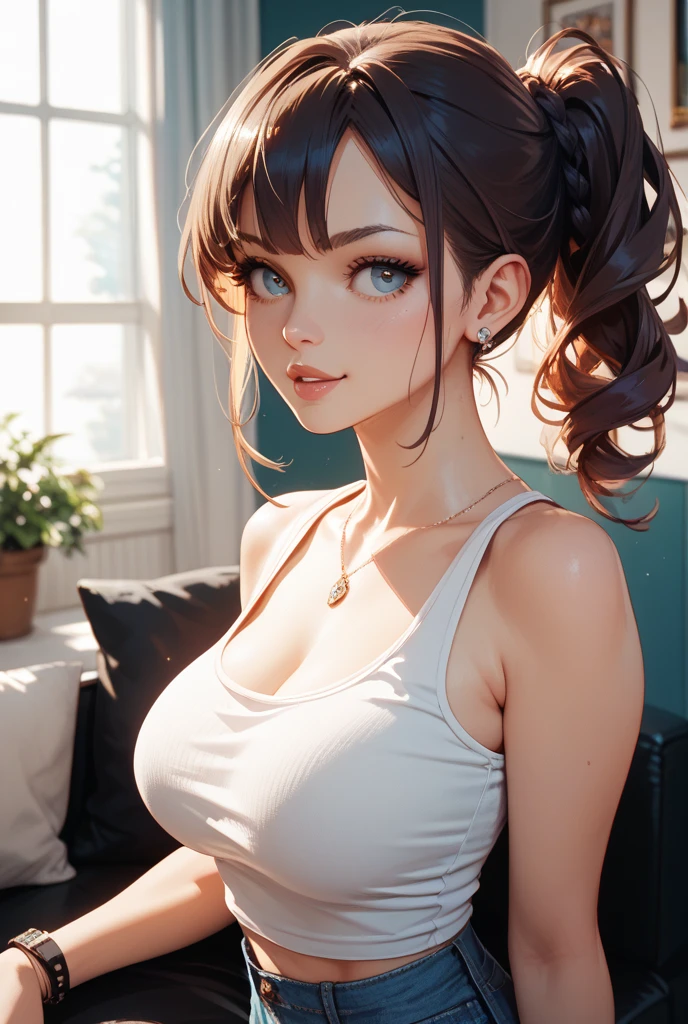 baby face, (short brown fluorescence hair:1.5,ponytail hair:1.5), (photorealistic:1.8), (masterpiece, sidelights, exquisite beautiful eyes: 1.5), masterpiece*portrait, realistic, 3D face,(cute face),front view: 1.6、 (glowing green eyes:1.2),plump face:1.5,(tareme:1.5)、(seductive smile:1.2),Rosy Mouth,Slim Body,abs, shiny hair, shiny skin: 1.5、medium breasts,cleavage、solo,,(stand)、(black tank-top and red skirt)、(charactor focus:1.5、portlate、upper body),stage,