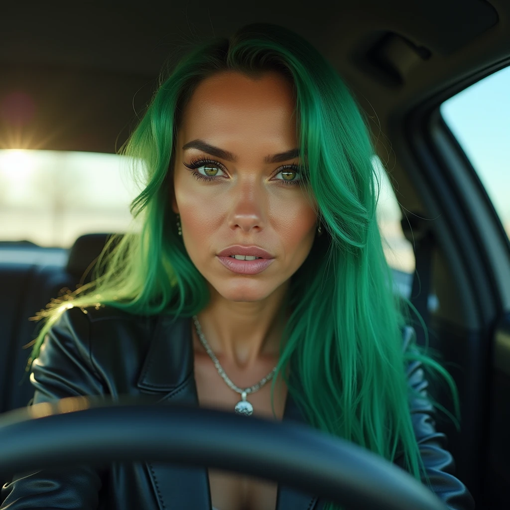 amator ,full body, beautiful face ,  young woman with perfect small breasts and gradient green hair , smiling,  instagram photo ,((taking a bow in car, looking up) , (from below, fish eye lens), (shiny oily skin:1.2), (realistic face, perfect eyes, perfect face:1.1), [[egirl makeup]], winged eyeliner, wearing unbuttoned blouse,  analog style , RAW , real life photo, (r/nude_selfie and r/), reddit, medium quality, normal aesthetic,,