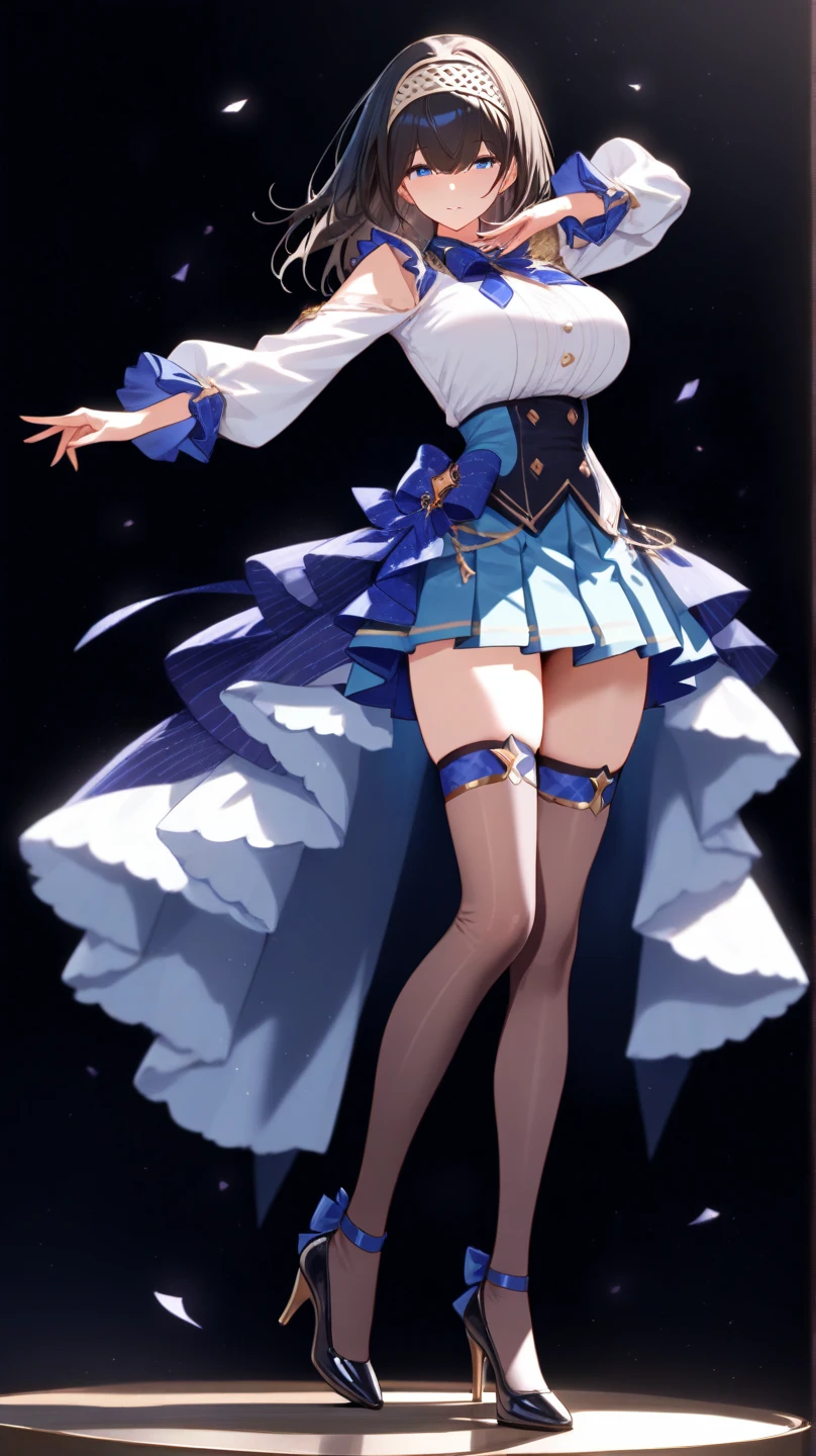 [black:blue:0.65] topic，master masterpiece，A masterpiece of a mature woman，Detailed visual art，Blue eyes，makeup，Gothic，Silver hair，Elf ears，Hair，collarbone，Mature female gotegal standing，Elegance，Gorgeous quinceanera dress，Detailed layered skirt，[Detailed frills:0.1], [Frilled dress:0.1], embroidery, [Detail princess dress:0.1], Bare shoulders, Big tits:1.3, Open crotch, Thigh seams,  groin, Over-the-knee boots，[NSFW|uncensored], (Simple background:1.1) , Low wing,full body