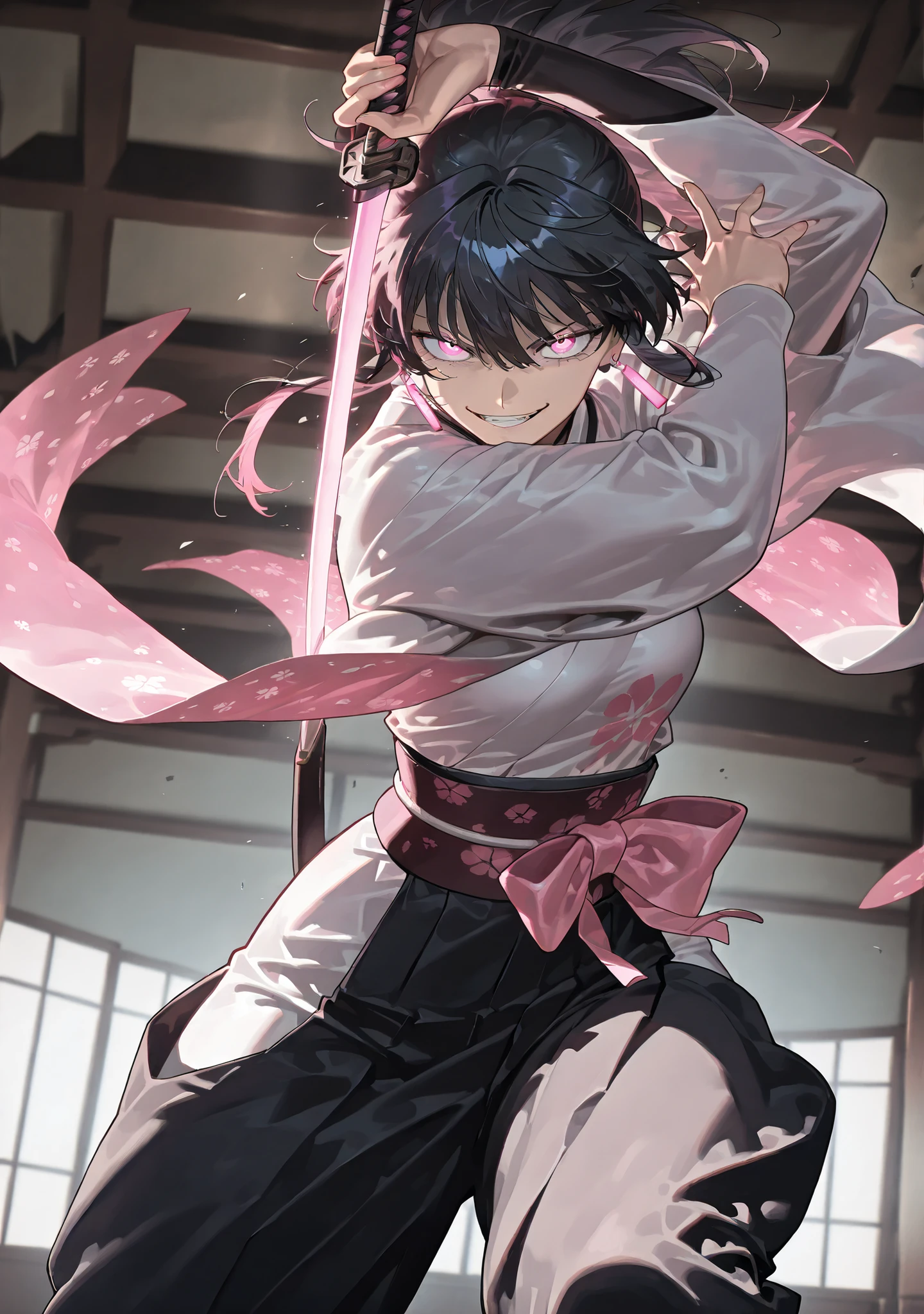 (anime coloring),(anime style),(masterpiece:1.2), (best quality:1.2), (very aesthetic:1.2), (absurdres:1.2), (detailed background:1.2),(newest),(highly detailed),(dynamic lighting), kagari hiyuki (kagurabachi),1girl, kagari hiyuki, black hair, long hair hair, ponytail, massive pink bow, pink earrings, solo, glowing pink eyes, detailed face and eyes, nice hands, nice fingers, evil grin, battle stance, combat, female focus, skinny waist, large breasts, wide hips, huge thighs, traditional japanese clothing, obi, shawl, indoors, shrine background, cinematic angle, cinematic pose, maximum facial details, maximum detailed textures, maximum detailed shadows, maximum detailed, glowneon, holding massive sword, unsheathing sword