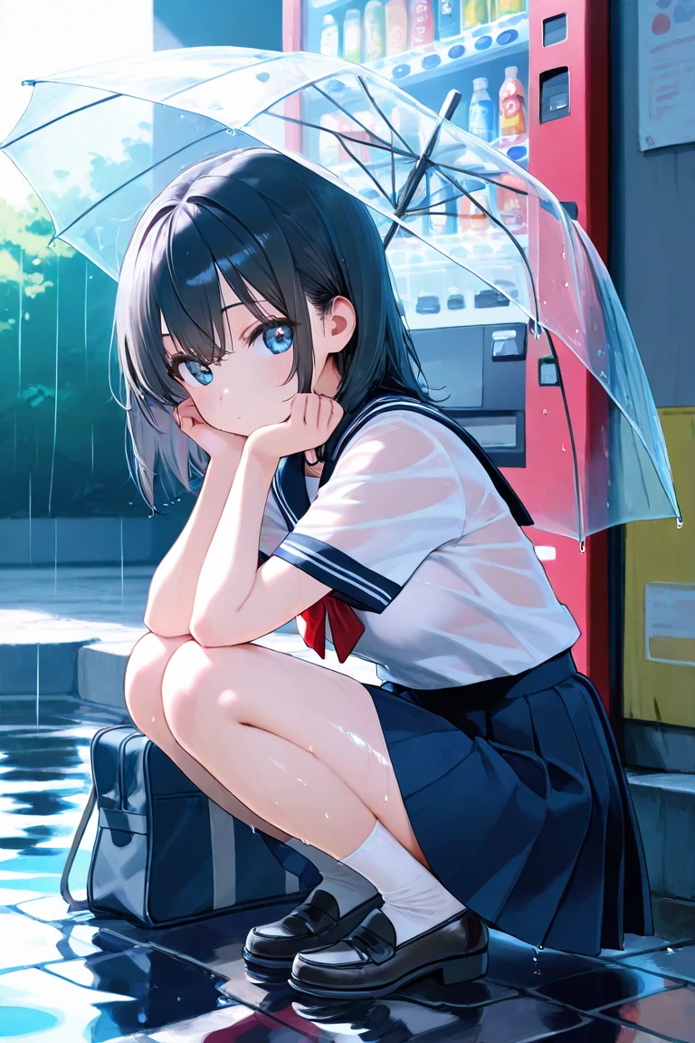 1girl、Black Hair、Sailor suit、Wet clothes、Wet Hair、Grass、rain、evening、Reflection on the water、puddle、deep faint light 、 detailed CG、high resolution