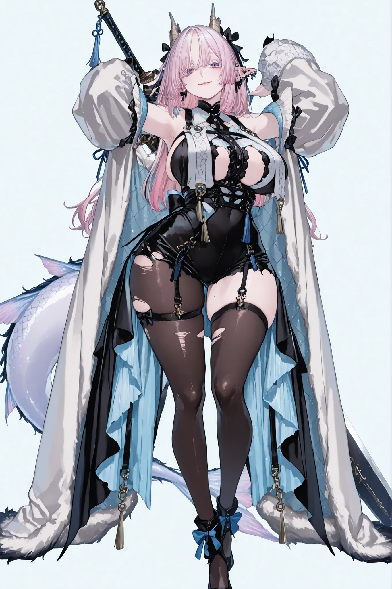 8k wallpaper、 top quality 、masterpiece、pointy elf ears, 748cm スThailandル 、lacey black bralette, woman 1 person、ribbon、piercings and earrings on her ears, black ripped shorts、 cute black oversized coat with puffy sleaves with open sholders 、cute big bow on her back, long mermaid tail with alot of big fins and cute bows, chains and Accessories on it, pantyhose、 black knee socks 、rororogi mogera、 style strap 、 Thailand、 pantyhose、、pastel pink hair with pastel blue lines、white albino eyelashes 、 long hair、 Underbob 、blue ribbon bow in the head、 Pretty pastel purple Eyes、 wide hips、Protruding thighs 、 pale pinky skin, very big breasts 、close up, Light blue background 、open chest area dress, simple background、lazy smile、 high detail, standing up、boob window, leaning down towards the camera, making a cute photo pose throwing a kiss with her hands, fullbody, huge chinese dragon horns, huge sword on her back, huge fur cape