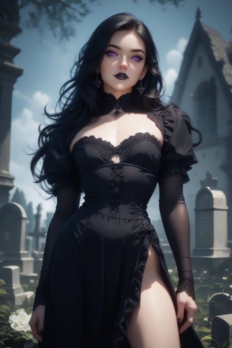 (masterpiece), high details, high quality, photorealistic, high contrast, detailed, hyper-detailed, realistic skin texture, perfect face, gorgeous eyes, (A beautiful Gothic woman with blood dripping from her mouth beautiful vampire queen, vampire girl), Extremely busty and attractive, (beautiful details dress, vampire fashion, detached sleeves), glowing crimson eyes, Long eyelashes, eyeliner, seductive figure, huge breasts, hourglass body shape, massive thick thighs, wide hips, thick hips, narrow waist, black hair, long hair, (Thick layered medium double-tailed hairstyle, full layered thick hair, full layered hair thick), gradient hair, shiny hair, (In the middle of a field of white roses, posing in a roses field, night), vampire castle as background, fantasy art, dark sky, 8k high quality detailed art, dark fantasy mixed with realism, gothic art style, gothic aesthetic, dark fantasy art style, a beautiful fantasy vampire empress, CGI anime fantasy artwork, charming, seductive face, seductive expression