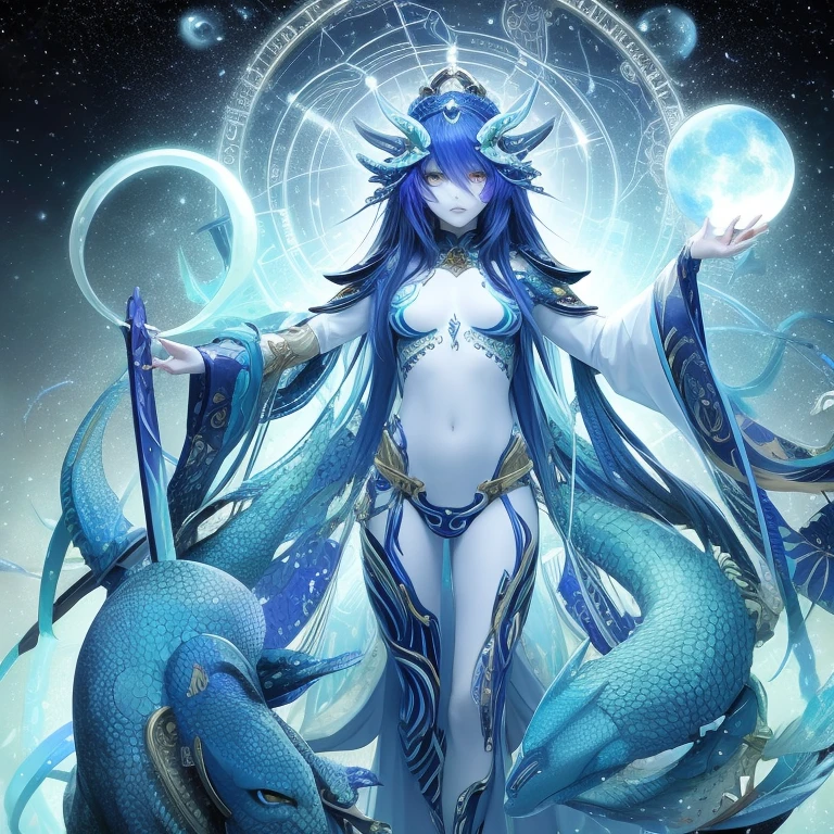 A mystical and artistic depiction featuring a giant scorpion emerging from water, seemingly interacting with a female figure who is pouring water from an amphora. The scene is set against a celestial backdrop with a glowing full moon and surrounded by zodiac symbols. The colors are vibrant, dominated by blues and purples, creating a dreamy, cosmic atmosphere.