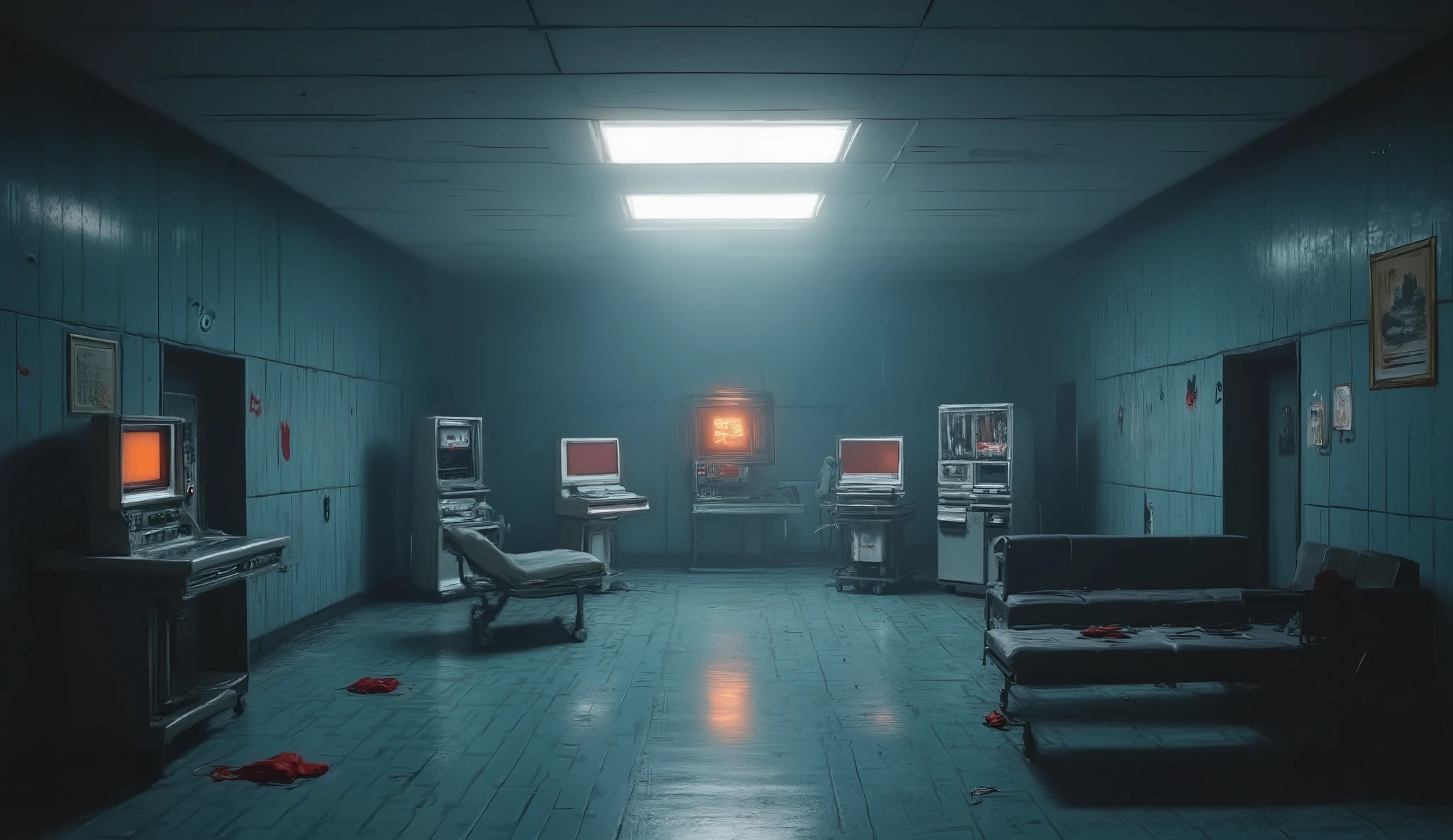 An empty Emergency Room at a Empty Hospital, dark, surreal, liminal, hyper realistic, high detail, masterpiece.