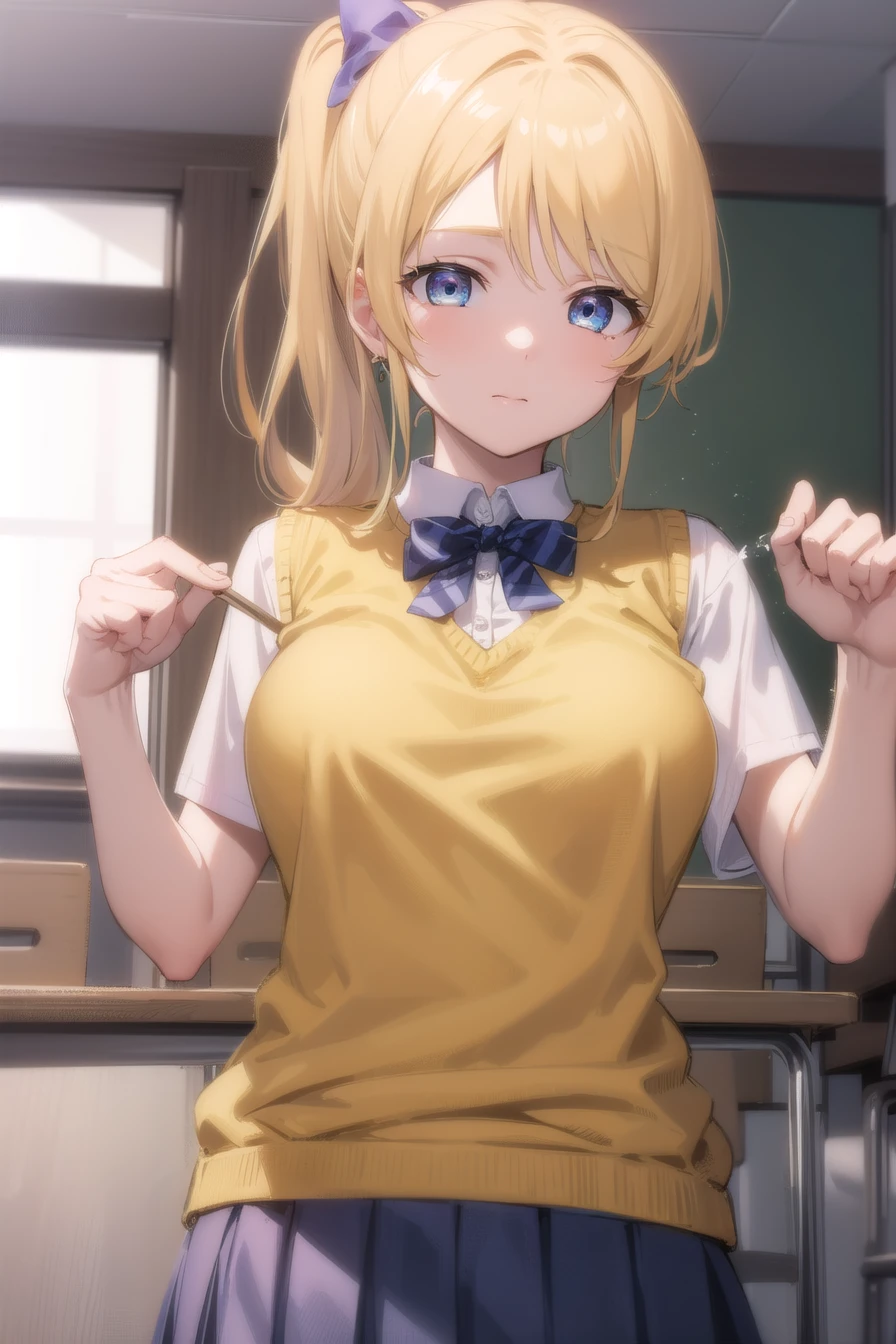 Highest quality, masterpiece, detailed,
memcho,
Mouth closed, :3, smile,
short hair, Blonde, Multicolored Hair, Aqua Eye, Blunt bangs, horn,
, Sweater vest, Collared shirt, Rolled up my sleeves, Brown Skirt, bow tie,
Are standing,, Put your arms behind your back,
classroom、From the side、Huge breasts:1.5