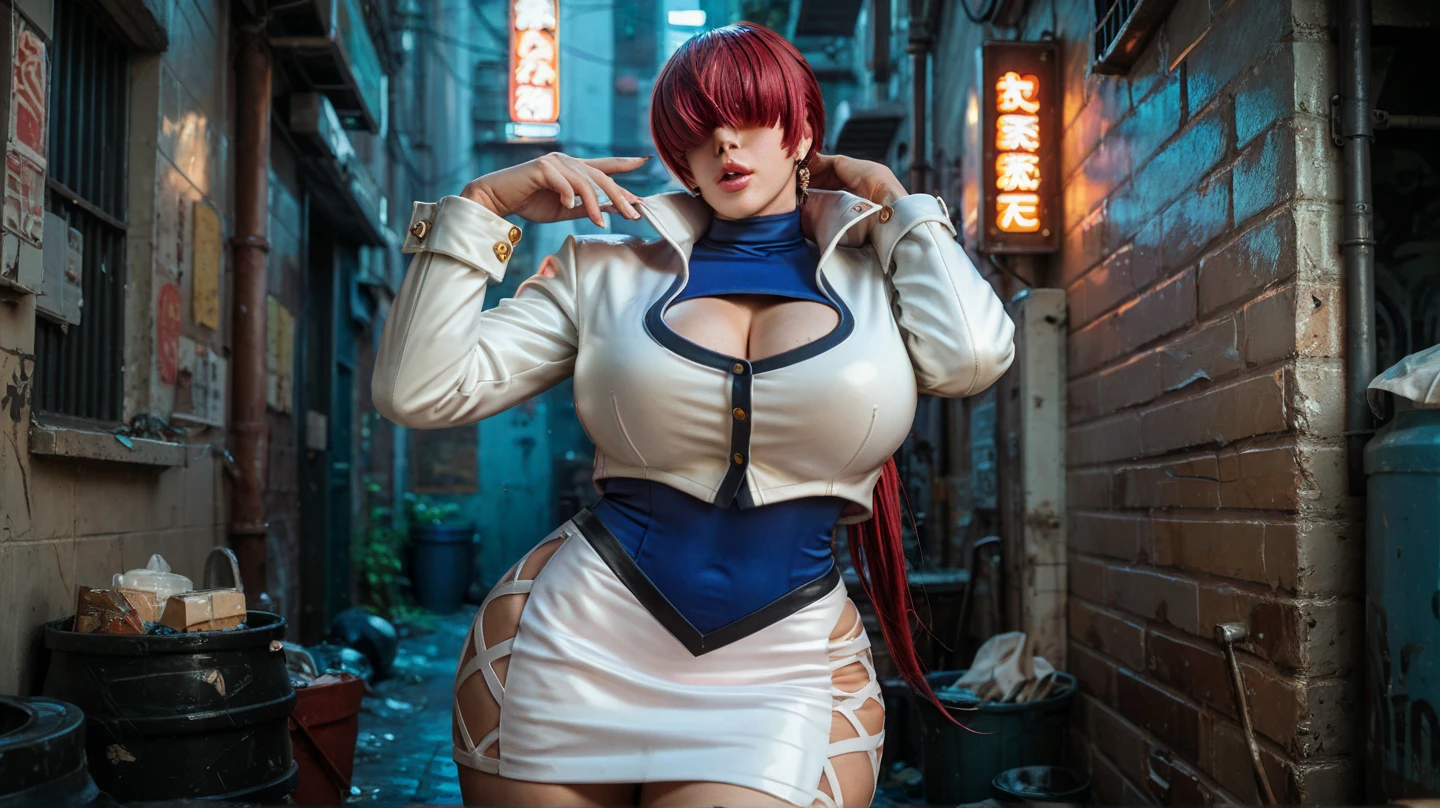 Sexy girl, female oni, animerealistic, masterpiece, best quality, 4K, dynamic pose, focus, sexy lingerie, full body, huge breasts, full-length, red hair, yellow eyes, beautiful detail, angry expression
