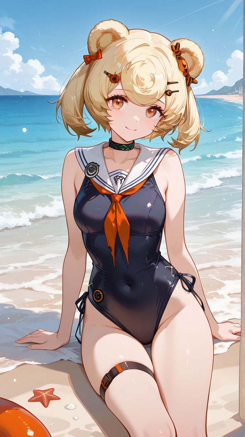 , full body, short, yellow eyes, yellow hair updo, large breasts, cute, best quality, baby face, swimsuit, standing, white background