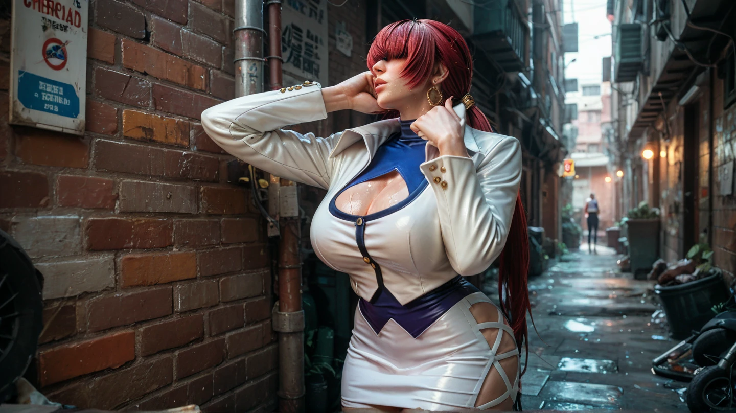 masterpiece, best quality, highres, she1, (hair over eyes:1.1), split ponytail, clothing cutout, earrings, full of sunlight, jewelry, miniskirt, white skirt, leotard, white jacket, long sleeves, Big , arms behind head, crossed legs, red hair, 