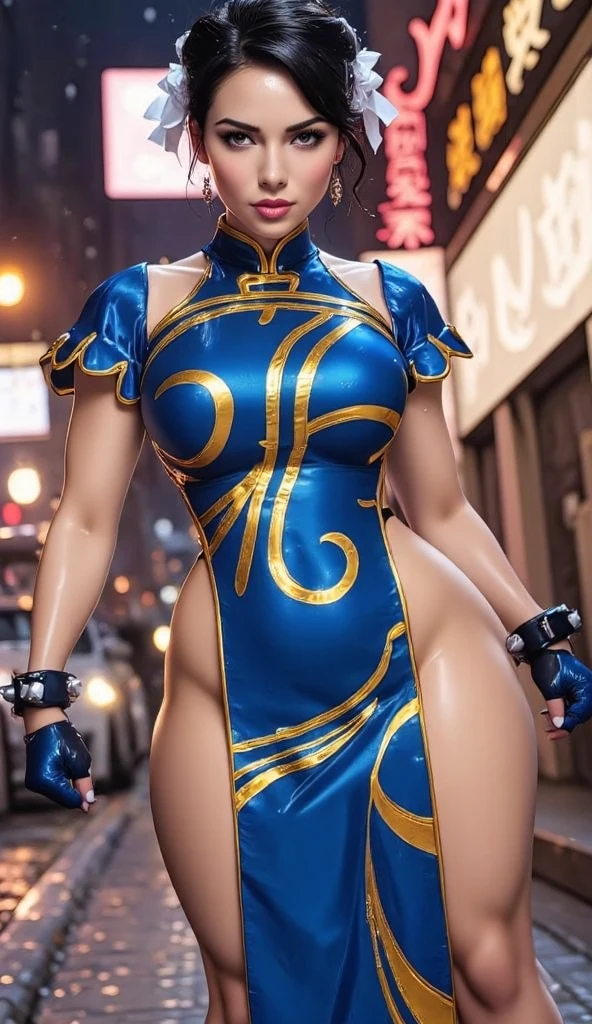 (((HD photo))), ultra high res, photorealistic:1.4, UHD, masterpiece, trending on artstation, (A masterpiece), (high resolution), 4K,8K, perfect anatomy, (seductive beautiful face, ChunLi), ((shoot from below)), ((wearing a sexy royal blue China dress with gorgeous dragon printed, sexy cleavage)), the background is many landscapes buildings and neon advertisement at night time, ((sexy body)) , ((sexy detailed face, beautiful detailed eyes, delicate)) ,athlete body , 1girl, stylish sexy posture, looking at viewer, good applying makeup, (medium breasts) glistening detailed skin, Delete everything except the character,