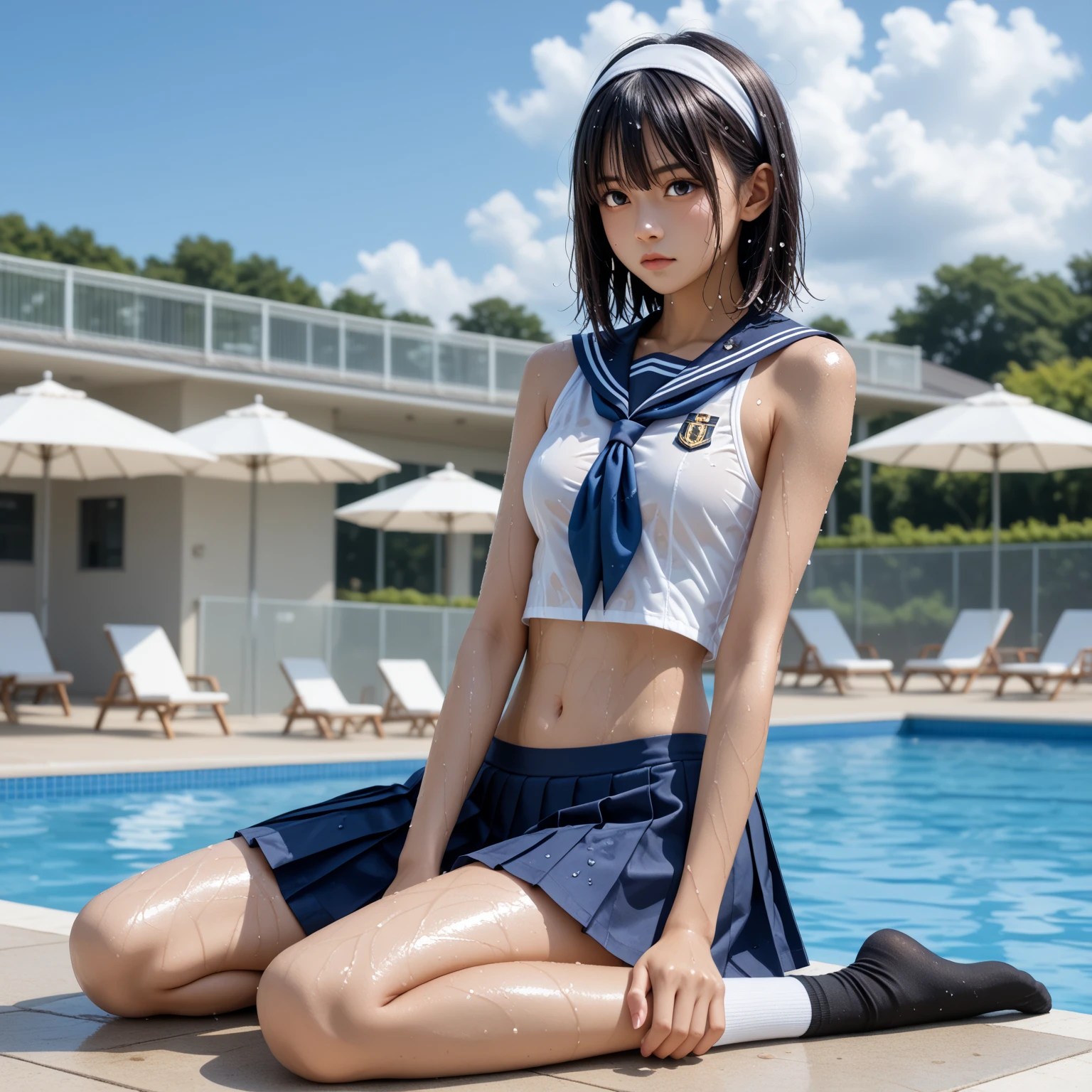 1 woman, HD quality, (ahegao:1.3), (orgasm:1.3), (drooling:1.3), steam, sheer white long thigh-high socks, sheer white satin long gloves, (glowing eyes), best ratio four finger and one thumb,  (Large breasts), cleavage, (((sitting on a poolside with one knee up, open legs))), sunny, (Green eyes:1.3), (Crop Top white shirt:1.5), (Micro thong:1.5), (under boob:1.5),  (Sailor uniform only for the upper body:1.5), blue sailor collar,(black high-heeled shoes:1.5), (red ribbon tie:1.3)