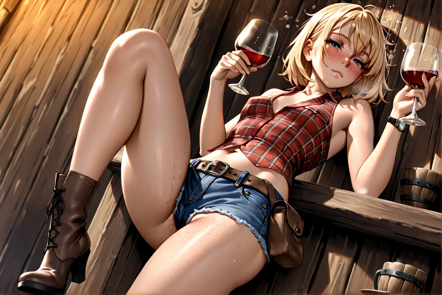(((One beautiful woman:2.0))),(((NSFW:1.8))),((Nude:2.0))),(((Wearing a gun belt with a holster on his waist:1.8))),((Wear a watch on your wrist:1.9))),(((Showing cleavage))),(((Exposed thin inner thighs))),(((Small breasts:1.5))),(((Bare arms))),((Blushed:1.8)), Beautiful detailed girl, Very detailed目と顔, 緻密でBeautiful Eyes, Very detailed, High resolution, Highest quality, masterpiece, Very detailed, 8k wallpaper, wonderful, finely, Highest quality,(Standing in front of a wooden wall),Beautiful Eyes,((Model pose:1.8)),((Above the knee shot:1.5))),(((Depict the whole body:1.9))),((Drinking whiskey:1.4)),(((Place your hands on your chest:1.5))),(((Strong drunk:1.8))),(((Cry:1.9))),(((Sit cross-legged on a chair:1.5)))