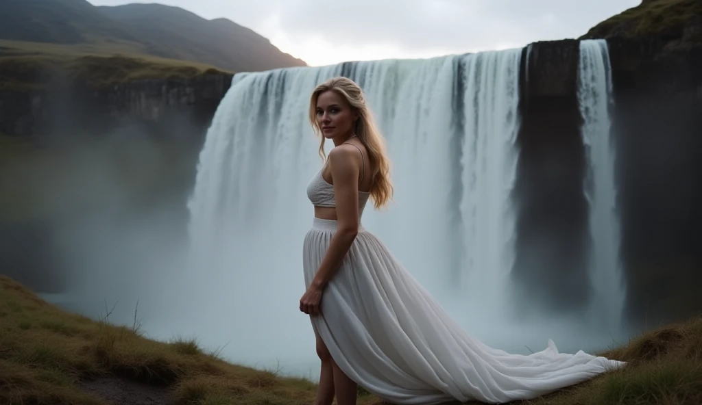 Galadriel from Lord of The Rings, white blonde hair, high detail transparent bodycon plunging white gown, standing under a waterfall, wet, ethereal, powerful, magical, 8k, (insanely detailed:1.5), full body photograph, 20 megapixel, canon eos r3, detailed skin, pale skin, Lothlorien background