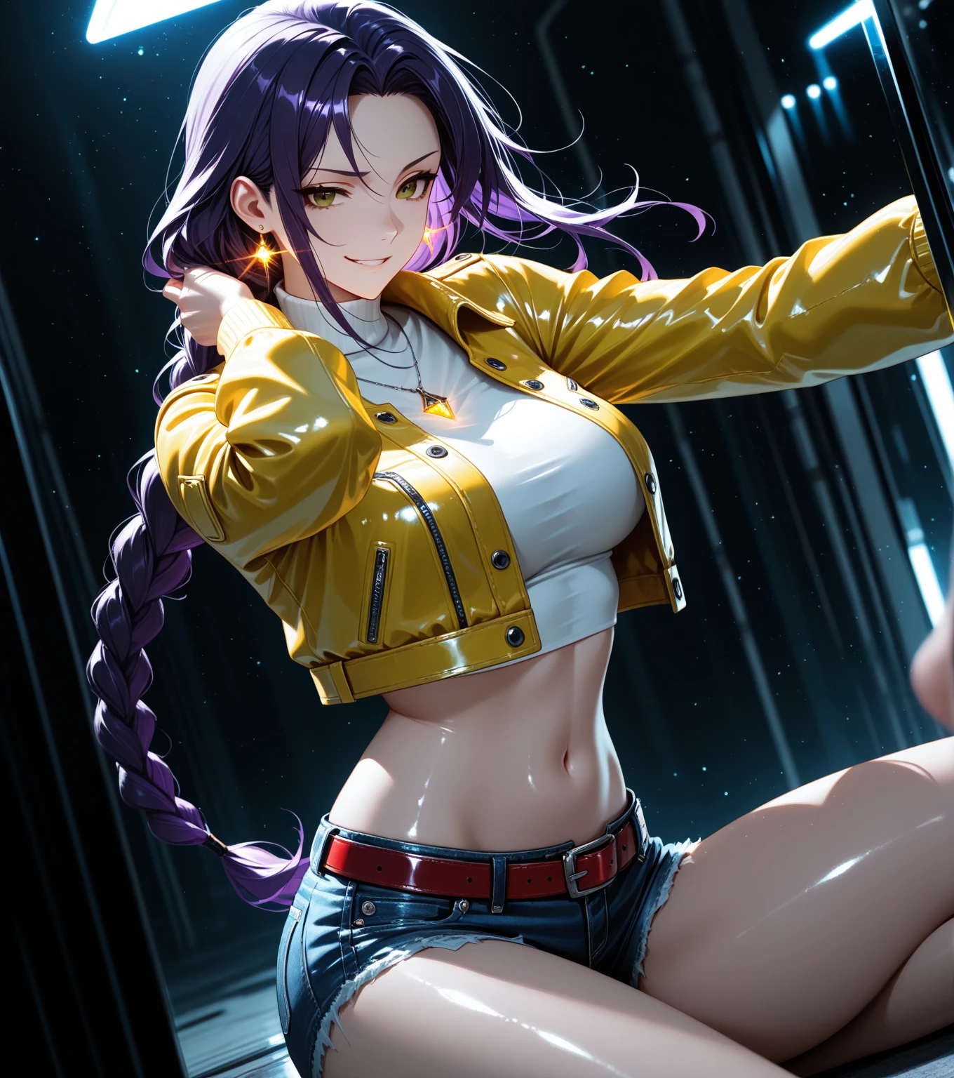 realistic, 1girl, purple hair, purple eyes, glowing eyes, coat, parted lips, blush, gym, abs, muscles, biceps