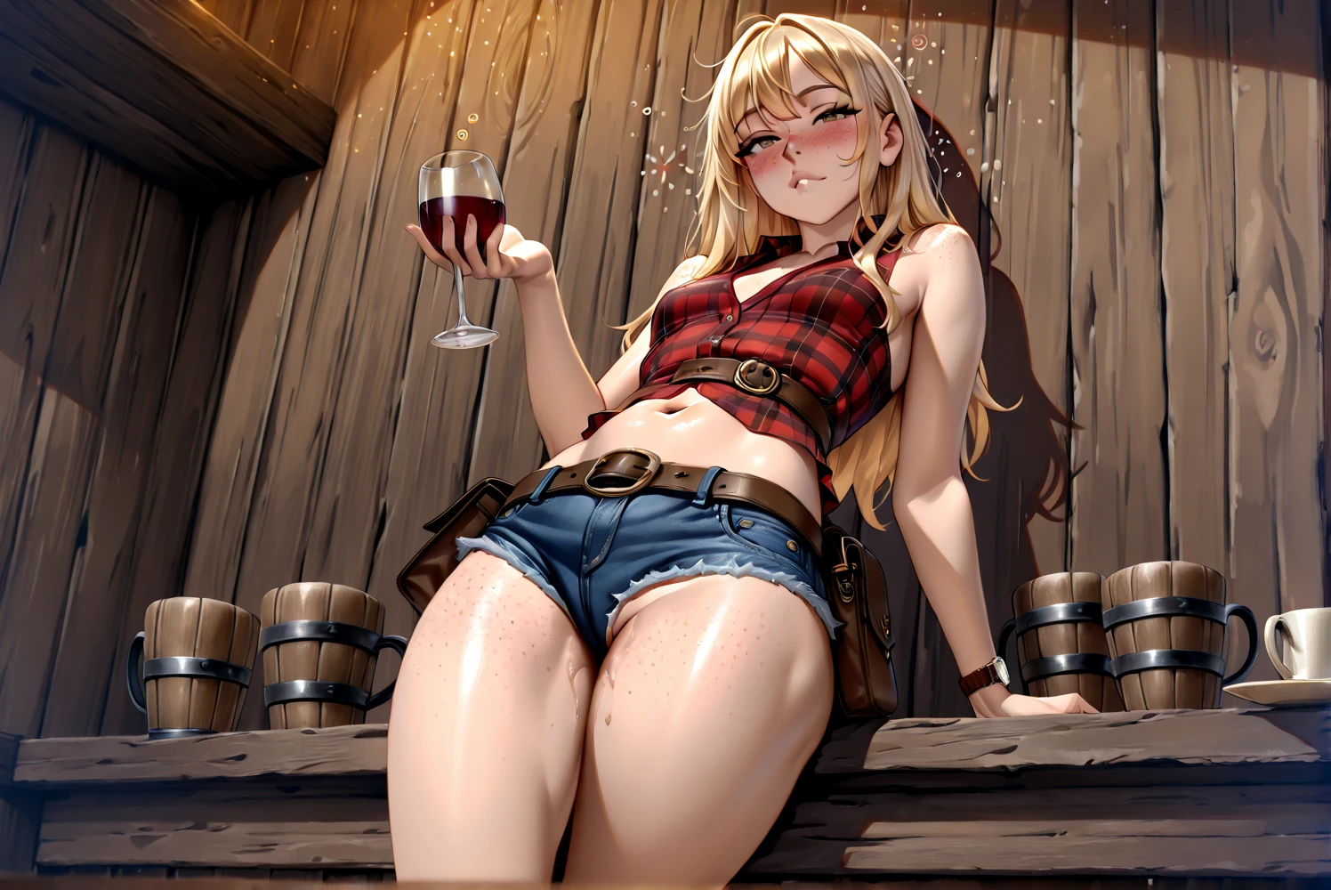 (((1 person:2.0))),(((NSFW:1.8))),((Nude:1.8))),(((naked:1.8))),(((Slim body:1.8))),(((holster&gun belt:2.0))),((Wear a wrist watch:1.8))),(((Showing cleavage))),(((Exposed thin inner thighs))),(((Small breasts:1.5))),(((nakedの腕))),(((Wearing boots:1.2))),((Blushed:1.2)), Beautiful detailed girl, Very detailed目と顔, 緻密でBeautiful Eyes, Very detailed, High resolution, Highest quality, masterpiece, Very detailed, 8k wallpaper, wonderful, finely, Highest quality,(Standing in front of a wooden wall),Beautiful Eyes,((Engage your audience:1.2)),((Cowboy Shot:1.5))),((Low - Angle:1.2)),((Put your right hand on your chest:1.5)),((Drinking whiskey:1.4)),(((Drunk,Have severe hiccups:1.0))),(((Sit on a chair:1.2)))