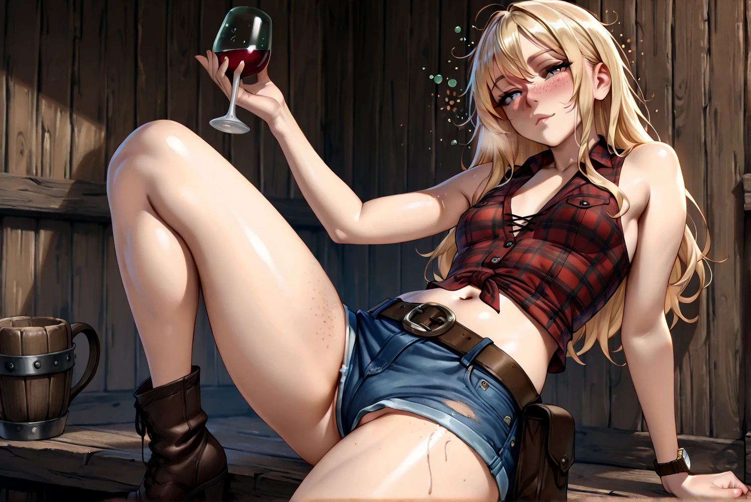 (((1 person:2.0))),(((NSFW:1.8))),((Nude:1.8))),(((naked:2.0))),(((Slim body:1.8))),(((Wearing a gun belt:1.8))),((Wear a wrist watch:1.8))),(((Showing cleavage))),(((Exposed thin inner thighs))),(((Small breasts:1.5))),(((nakedの腕))),(((Wearing boots:1.5))),((Blushed face:1.2)), Beautiful detailed girl, Very detailed目と顔, 緻密でBeautiful Eyes, Very detailed, High resolution, Highest quality, masterpiece, Very detailed, 8k wallpaper, wonderful, finely, Highest quality,(Standing in front of a wooden wall),Beautiful Eyes,((Engage your audience:1.2)),((Cowboy Shot:1.5))),((Front shot:1.2)),((Put your right hand on your chest:1.5)),((Drinking whiskey:1.4)),(((Drunk,Crying hard:1.8))),(((Sit on a chair:1.2)))