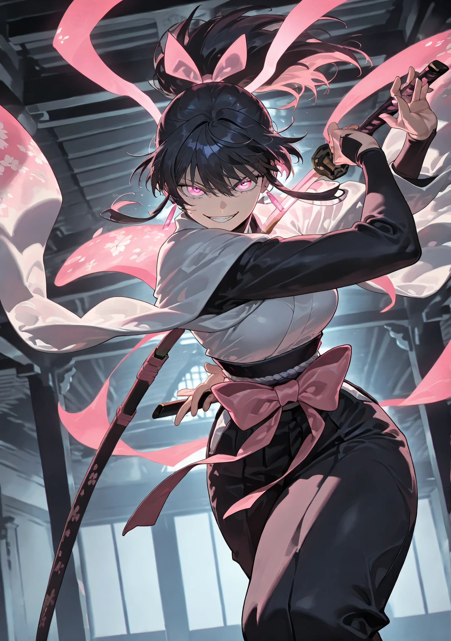 (anime coloring),(anime style),(masterpiece:1.2), (best quality:1.2), (very aesthetic:1.2), (absurdres:1.2), (detailed background:1.2),(newest),(highly detailed),(dynamic lighting), kagari hiyuki (kagurabachi),1girl, kagari hiyuki, black hair, long hair hair, ponytail, massive pink bow, pink earrings, solo, glowing pink eyes, detailed face and eyes, nice hands, nice fingers, evil grin, battle stance, combat, female focus, skinny waist, large breasts, wide hips, huge thighs, traditional japanese clothing, obi, shawl, indoors, shrine background, cinematic angle, cinematic pose, maximum facial details, maximum detailed textures, maximum detailed shadows, maximum detailed, glowneon, holding massive sword, unsheathing sword