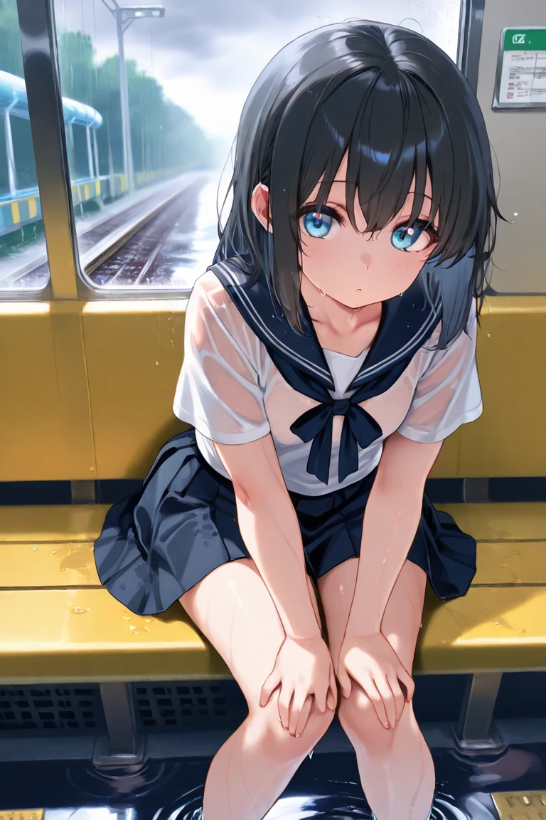 (masterpiece, best quality, hires, ultra-detailed:1.3), 1 girl, school uniform, sitting, in train, facing away, (looking outside, against window, reflection), (under water train, seafloor, school of fish:1.3)
