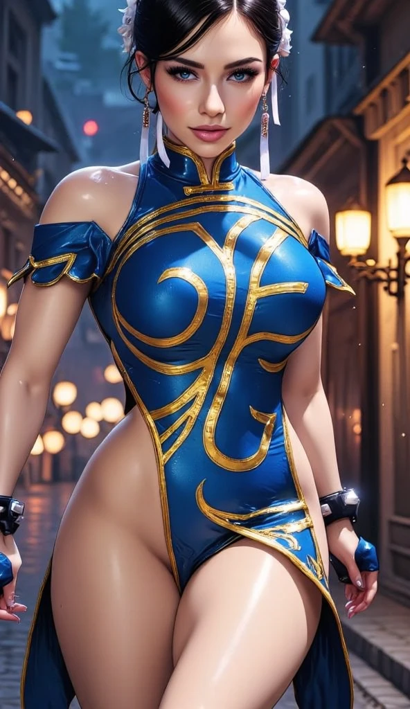 Crie uma obra-prima hiper-realista da chun-li sexy, cinematic and photorealistic Chun-Li, Deusa da beleza, She's lovely, has well-shaped lips, your eyes are light honey color, she's very beautiful, completamente perfeita, uma super modelo. She is known for her classic and graceful beauty, muito bonita, corpo definido com curvas sensuais e pernas grossas. the iconic character from the sixth Street Fighter game. (Capture your dynamic fighting stance and powerful kicks with exquisite detail, legs showing, bunda aparecendo, MOSTRANDO Buceta, buceta perfeita aparecendo quando ela chuta). ((vestido qipao sexy modificado para mostrar as pernas e sua calcinha de renda transparente, erotic qipao costume, micro swimsuit showing pussy, qipao mostrando micro calcinha de renda rosa transparente, calcinha fio dental rosa transparente mostrando buceta, buceta saindo de qipao)) , (impressionante decote mostrando seios enormes, seios grandes naturais, peitos grandes, mamilos largos e pontudos, hot erotic chun-li). The image should be in high definition (16k hard drive) and rendered in stunning 8K resolution, mostrando todos os recursos e texturas intricados. (Pay attention to the details of Chun-Li's costume, including her traditional qipao dress and her unique hairstyle, e ela tem uma mecha de cabelo entre os olhos.) Use dramatic lighting to increase the intensity of the scene, emphasizing your strength and determination . This photographic request aims to immortalize Chun-Li as a true work of art, mostrando a sua beleza, o seu corpo tonificado e sensual, his grace and prowess in martial arts. (Foco na personagem, foto no pussy e na bunda dela, close no rosto lindo dela). fundo preto, super modelo.