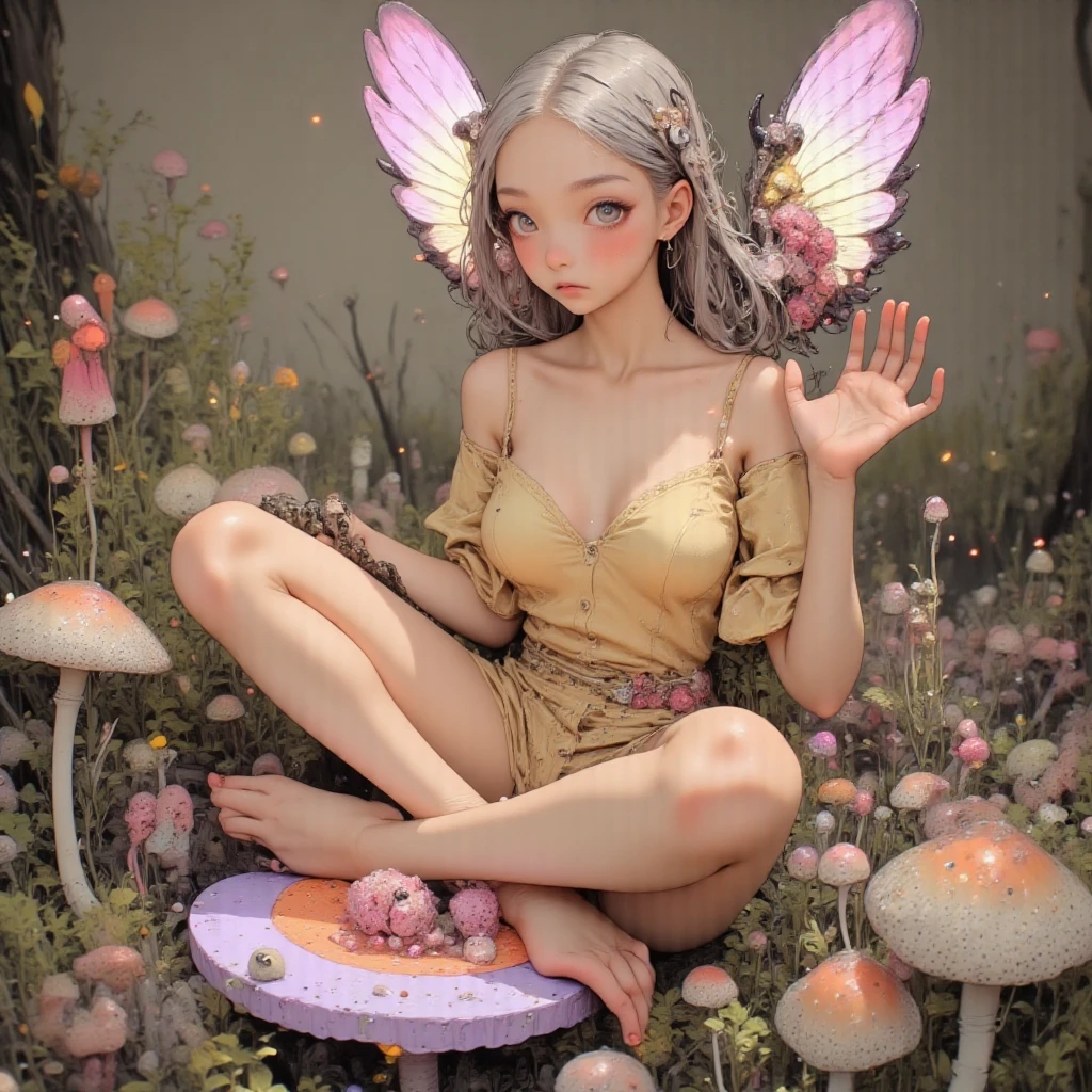 A cute fairy (crystalline butterfly wings, prismatic hair, large eyes, nude) has gotten drunk on honeydew. She is passed out on the top of a toadstool fingering her pussy. enchanted woods
