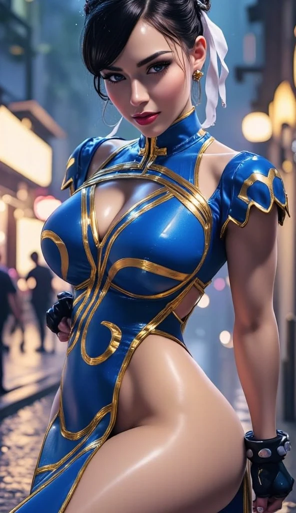 Eve wearing Chun Li's costume, Stellar Blade, large breast, thick thighs, muscular, curvy body,1girl,solo,heavy makeup,cute,earrings,ring braid,(lewd smile:1.1),holding mechanical sword,ponytail,idol,hooker, Chun Li's uniform,(battleground:1.1),