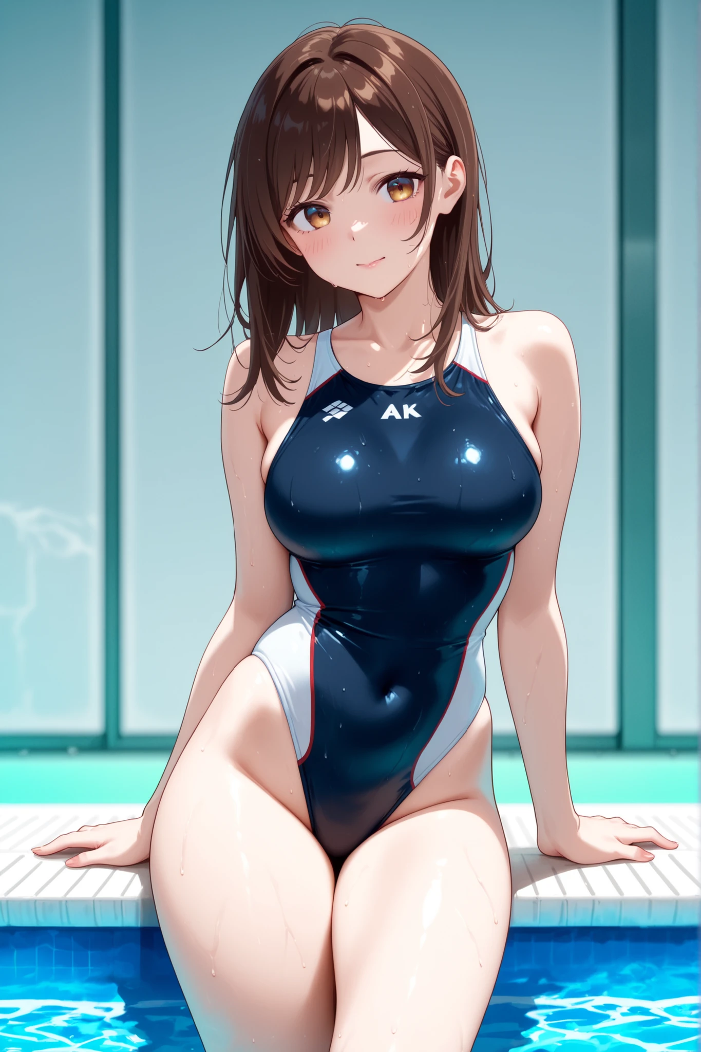 A Japanese woman with medium brown hair in a high leg swimsuit came out of the pool