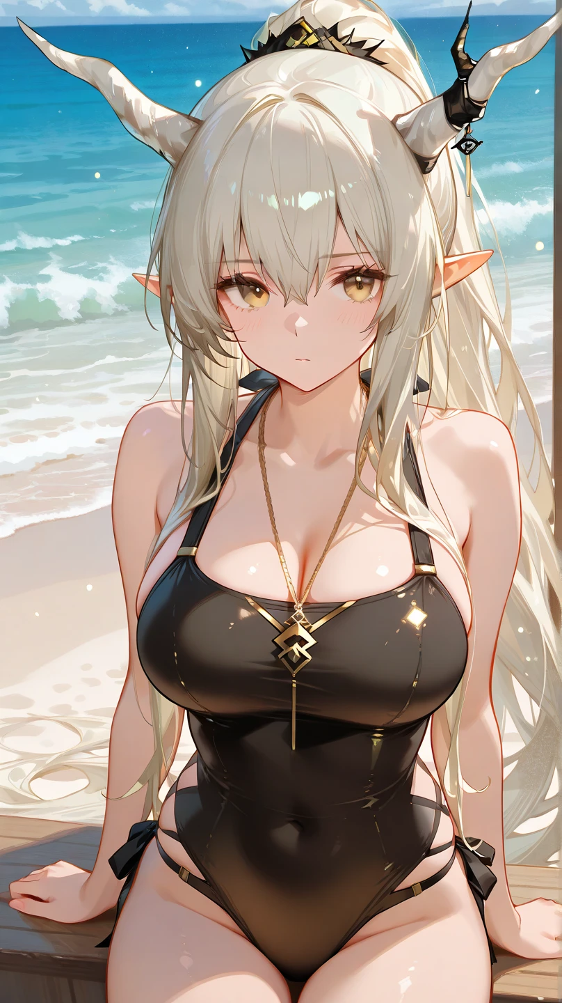 Masterpiece, Best Quality, Pretty Girl, Beautiful Face, Elf, Dark Skin, Expressionless, Sea, Bikini, Sweat, Wet Skin, Abs, Big Breasts, Cleavage, Sexy, Plump,