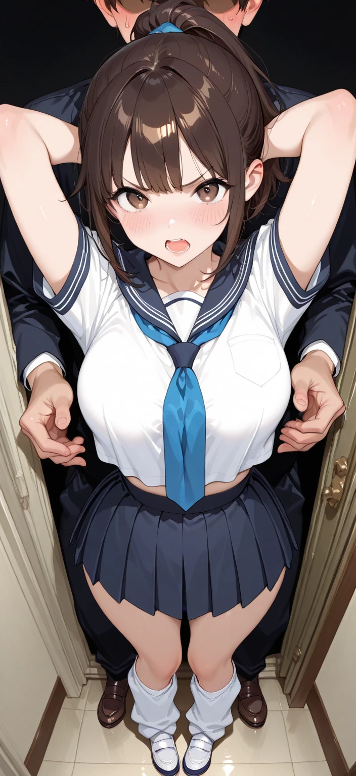 [CREATED BY 7th anime XL-Pony A:100],
score_9, score_8_up, score_7_up,masterpiece,hd,very aesthetic, absurdres,best quality,[rating_safe:100], [rating_questionable:100],[rating_explicit:1], (watercolor:1.3),1girl, sitting,
1boy,hetero, fellatio, (deepthroat, irrumatio:1.3),
pov, from above, whole penis in her mouth
BREAK girl, 15 yo, (loli:1.4), (large breasts:1.2), hanging breasts, black hair, (medium long hair:1.2), bobcut, (hair between eyes:0.5), (straight hair:1.3), grey eyes, ultra detailed eyes, (tareme:1.3),
(closed eyes:1.3)(frown:1.2), heavy breathing, sweat,blush,steam,tears,looking at viewer, cum in mouth

BREAK (school uniform), (white collared shirt, plain pattern shirt, short sleeves, shirt tucked in:1), (red bolo tie:1.1), (unbuttoned, button gap:1.2),
BREAK (black and grey plaid pattern skirt:1), (pleated skirt, miniskirt:1.2),
BREAK (pov hands:1.3),(grabbing another's head:1.3)
BREAK toilet,