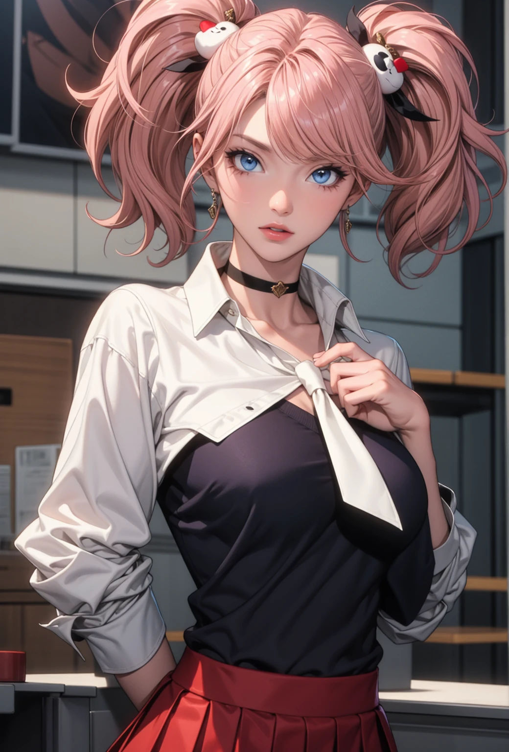 masterpiece, best quality, rating: general, solo, 1girl, makise kurisu, expressionless, crossed arms, jacket, off shoulder, collared shirt, red necktie, black shorts, pantyhose, legwear under shorts