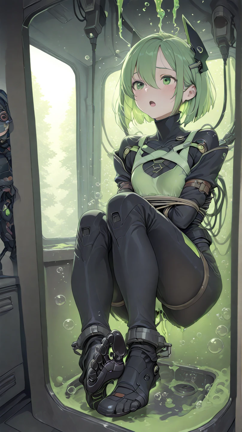 A girl with a slim build with two pigtails and green hair, is wearing a black latex suit and is tied up with shibari techniques, in a modern rustic wooden house in a forest on a rainy day.