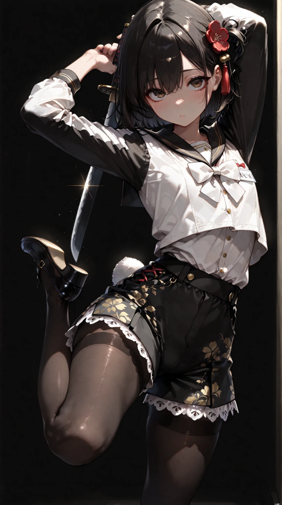 (The ultra-realistice), (A illustration), (A high resolution), (8ｋ), (highly-detailing), (The best illustration), (Beautiful detailed eyes), (best qualtiy), (the ultra-detailed), (tmasterpiece), (the wallpaper), (Detailed face), Solo、、, 1girll, White wavy hair, korean people, Iris heterochromatic eyes, small moles under eye, Maid outfit,, Long legs, Tight abs, (Camel toes), (Black stockings), (No panties)、Shorthair、Put your ears out、huge boob、adolable、Big eye bangs