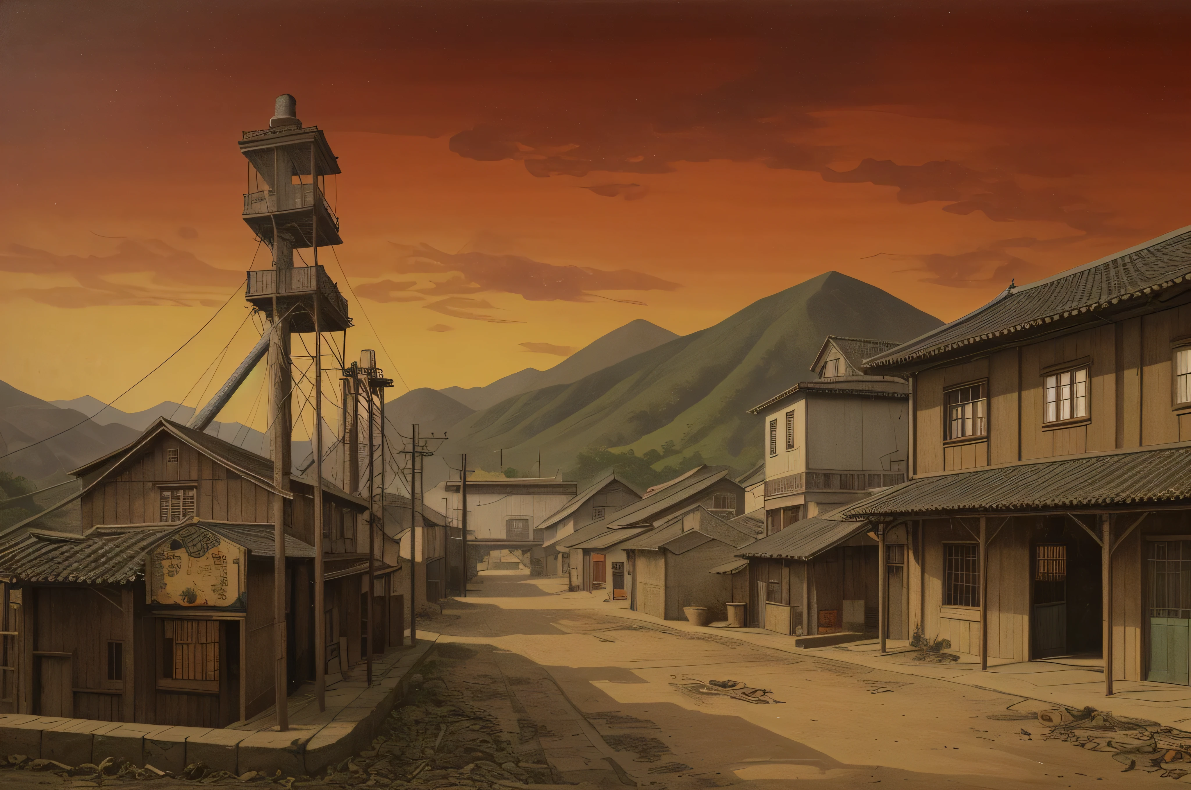 vintage pulp art painting, vintage pulp art, view from street, streets of 1800’s Hong Kong, industrial Hong Kong, textile mills, smelting yards, workshops, highly detailed printed art style, ultra high quality painting, photographic quality, ultra high quality