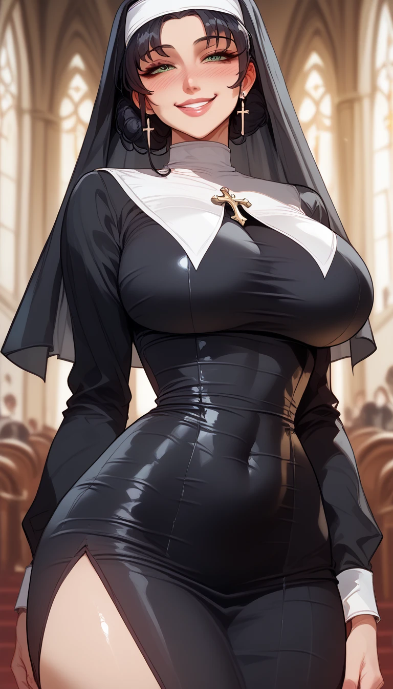 Mature Woman,(((Succubus disguised as a nun))),(((A veil covering the mouth,Sexy Costumes))),(Detailed Description, High resolution,8k wallpaper,masterpiece,Highest quality,Depth of region,Anatomically accurate depiction,A face with attention to detail, Eye for detail,Nice hands, Perfect Fingers,eyelash,(Reptilian eyes,Seductive Gaze,There is cleavage in the chest,A seductive smile,Large Breasts,Mysterious colored lips,Seductive pose,Poses that accentuate the chest),(From above:1.1),Perfect body,Depict the whole body,background:Magical atmosphere