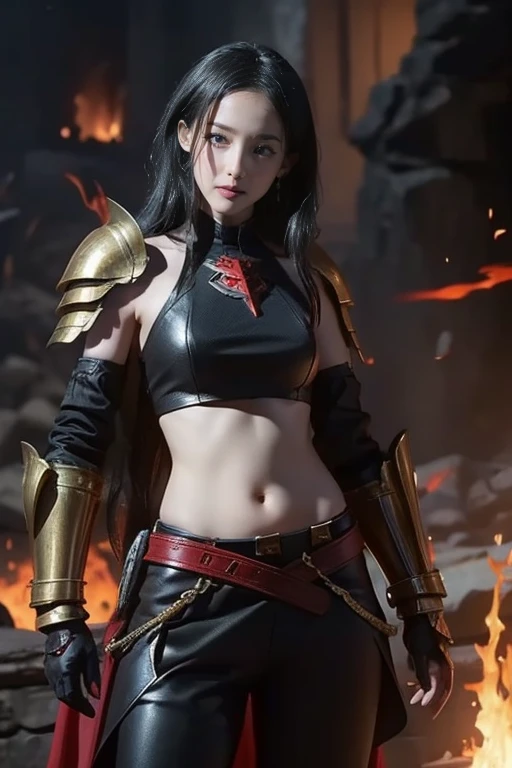 "Show Poppy in her Noxus skin from League of Legends by Riot Games, wearing a dark, no having clothes,red and black armor with Noxian insignias and her powerful hammer, have massive k-cups, in a foreboding, war-torn landscape with Noxian banners and ominous clouds."