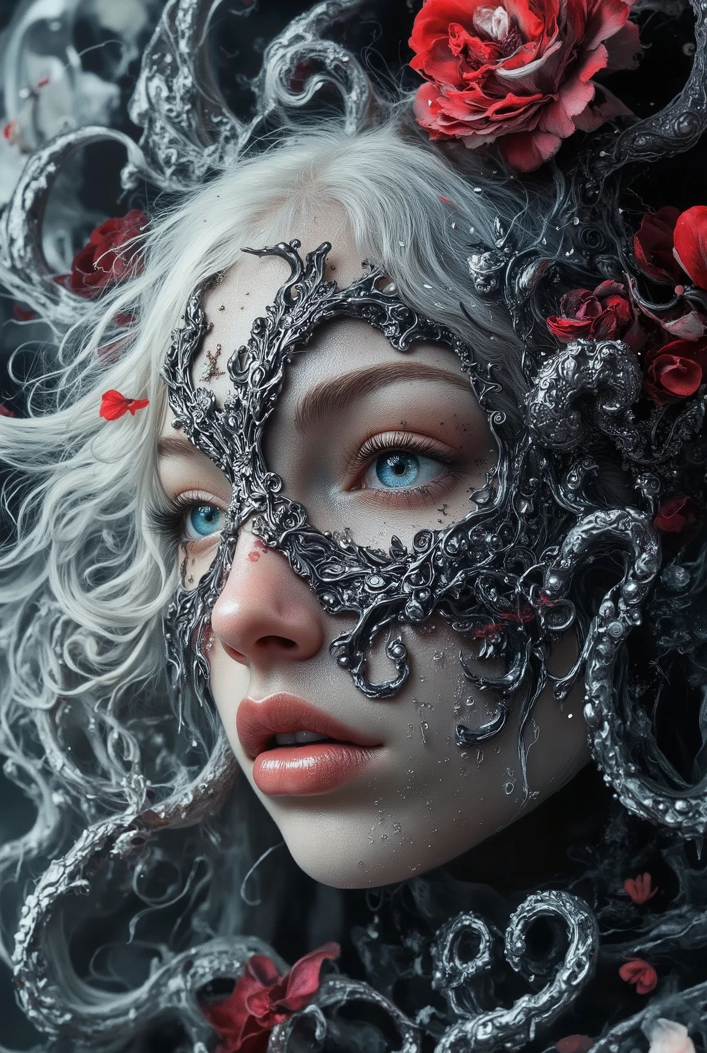 Create a high-quality, 8K ultra-high resolution image of a woman with long, light blue hair standing on a beach, holding a mirror. She is looking at her reflection, which has a blurred face and is gazing directly at the viewer, conveying an eerie and melancholic aura. The background features a breathtaking, overcast sky in shades of gold, red, and orange, adorned with visible galaxies and stars, adding to the somber and otherworldly mood of the scene. Use high contrast and low saturation to emphasize the detailed anatomy-based character design and the emotional depth of the composition.