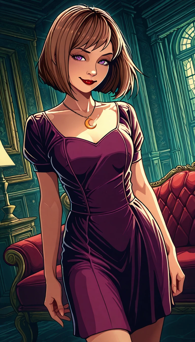 Diane,short brown hair,makeup,solo, black eyes,
red dress, cleavage, leaning forward, blush, red earrings,
upper body, smile, standing,
mansion, night,
(insanely detailed, beautiful detailed face, masterpiece, best quality) <lora:DianeSimmons:0.7>