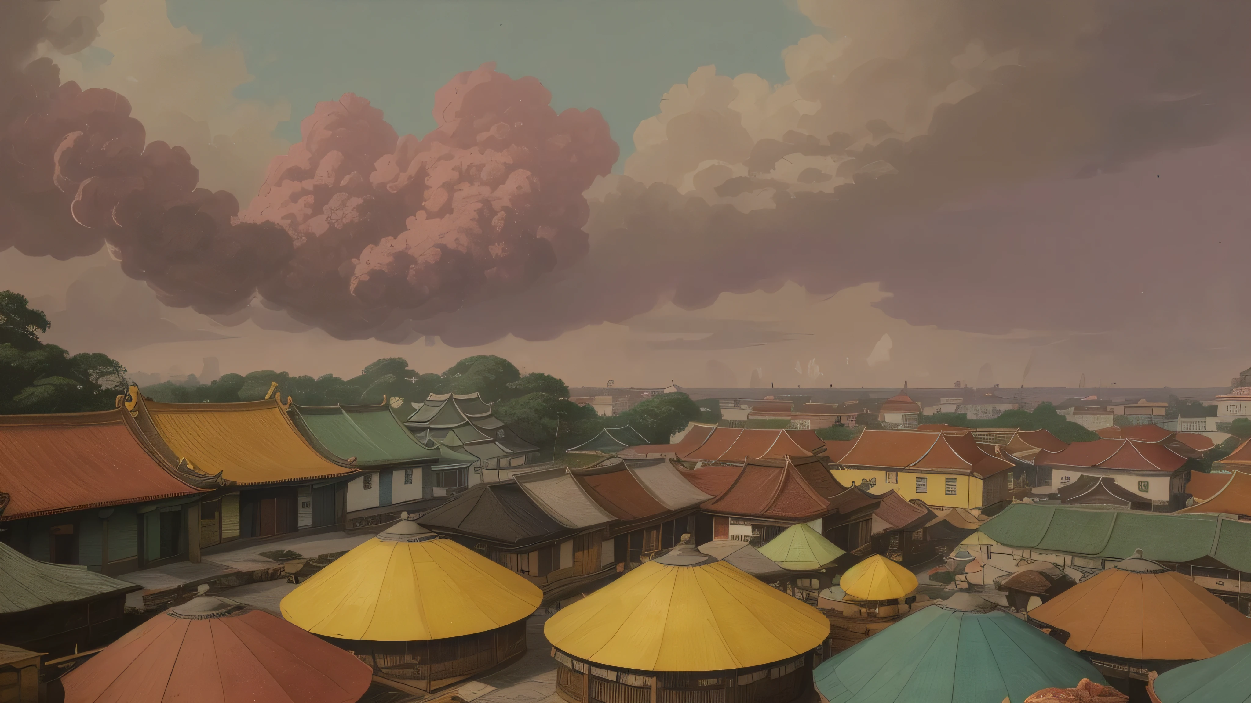 vintage pulp art painting, vintage pulp art, smoggy sky, 1800’s Singapore, Colorful facade, clustered tenements, temples sit beside spice stalls, street grills, highly detailed printed art style, ultra high quality painting, photographic quality, ultra high quality