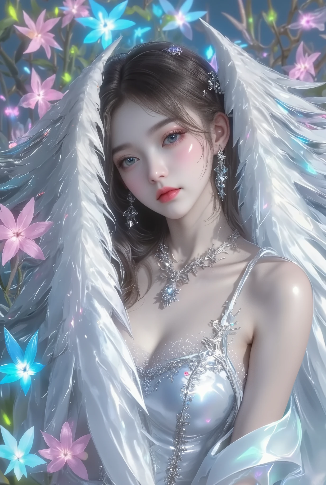 ((nood)), ((tmasterpiece)), (A detailed), seductive succubus, ethereal beauty, Perching on the clouds, (fantasy illustrations:1.3), a captivating gaze, enchanting posture, Delicate wings, Otherworldly charm, mystical sky, (By Luis Royo:1.2), (Yoshitaka Amano:1.1), Moon Night, PastelColors, (Detailed Cloud View:1.3), (hight resolution:1.2),up close shot,up close shot,Black eyes,Detailed beautiful eyes,angelicales,one white winged