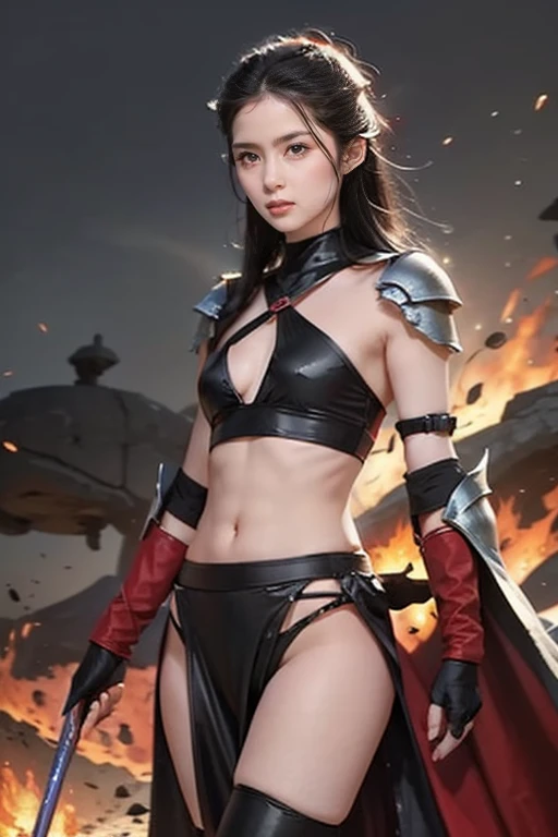 "Depict Kayle from League of Legends by Riot Games in her Battleborn skin, wearing her rugged, warrior-themed armor with battle scars and a fierce sword, no having clothes,having massive k-cups:1.55. She's in a war-torn battlefield with smoldering ruins and fallen warriors, in an attractive pose with her sword ready for combat."