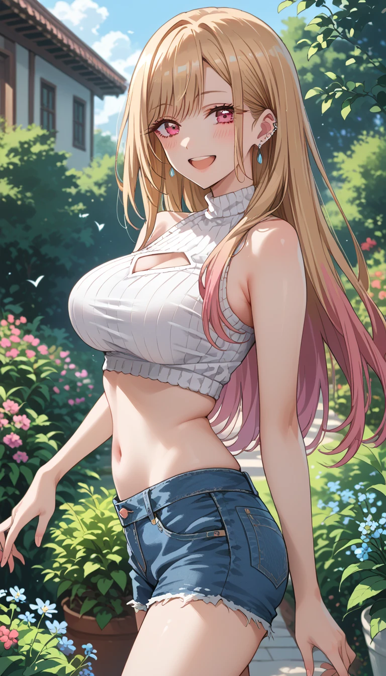 Lori huge breasts cleavage,white panties,dual horsetail,Sit on grass,denimpants with pinksweater,cropped shoulders,Bare legged,with fair skin,Bare thighs,is shy,Raised sexy,Fuller