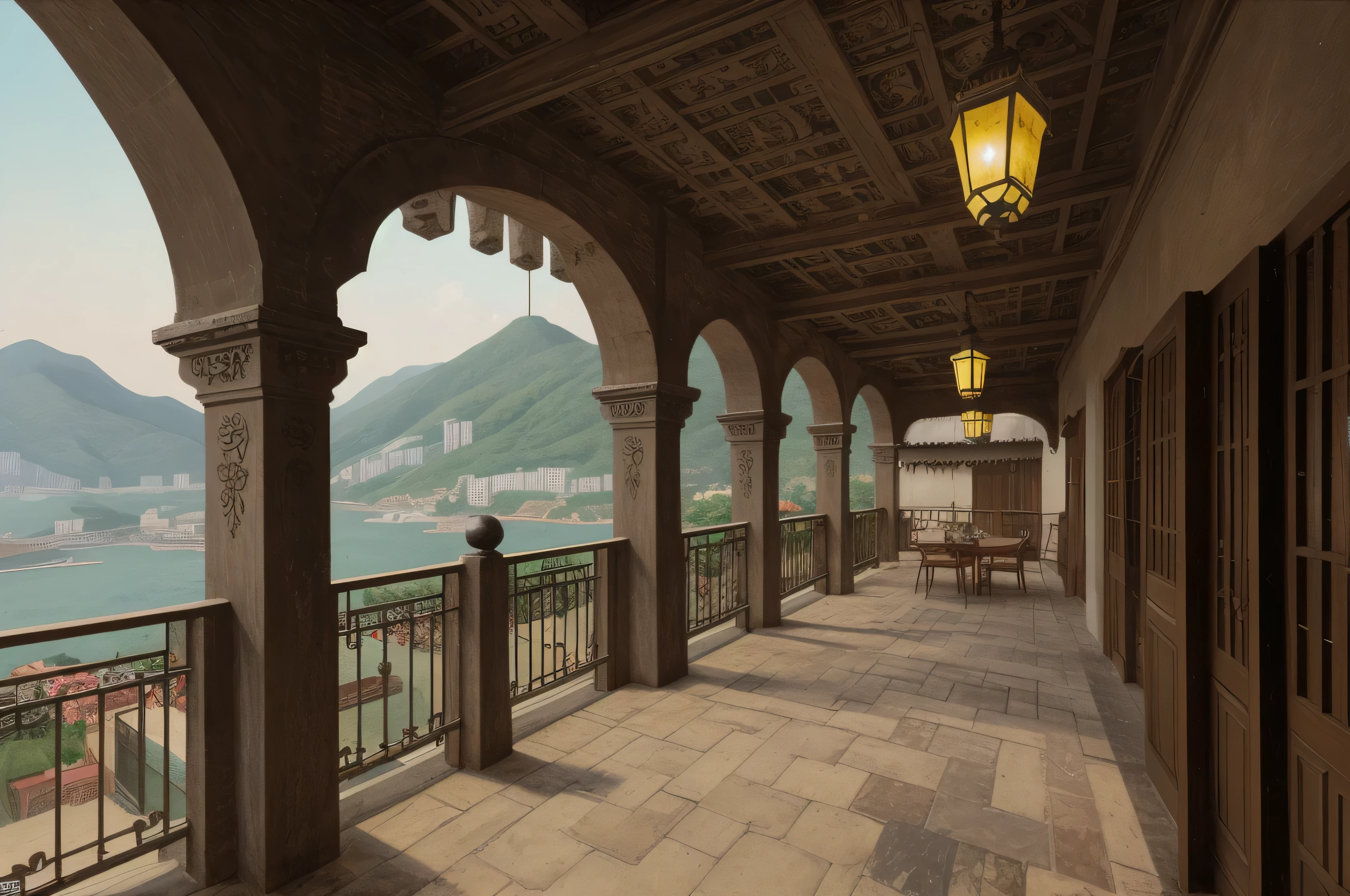 vintage pulp art painting, vintage pulp art, view from balcony, 1800’s Hong Kong, cobblestone walkways, wrought-iron balconies, tea gardens, gas lamps, highly detailed printed art style, ultra high quality painting, photographic quality, ultra high quality