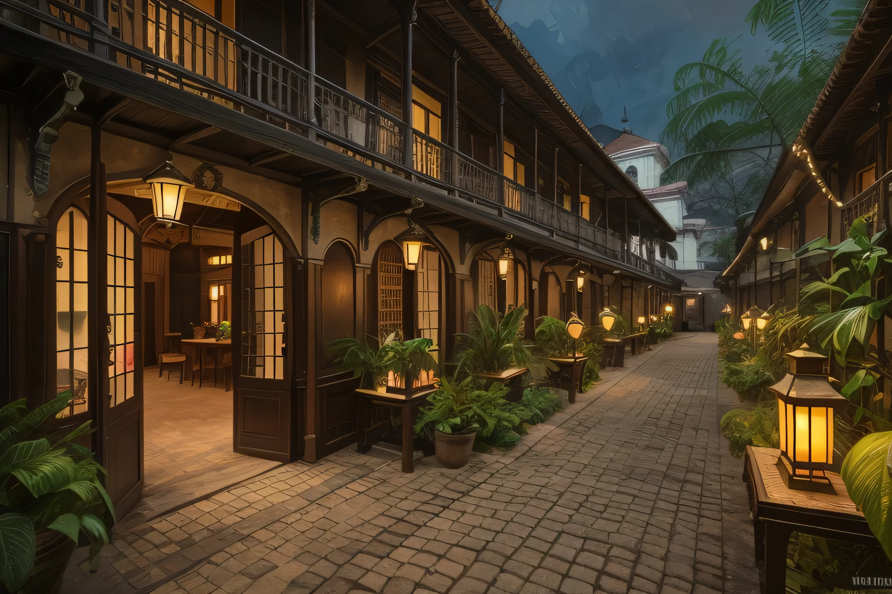 vintage pulp art painting, vintage pulp art, 1800’s Singapore, cobblestone walkways, wrought-iron balconies, tea gardens, gas lamps, highly detailed printed art style, ultra high quality painting, photographic quality, ultra high quality