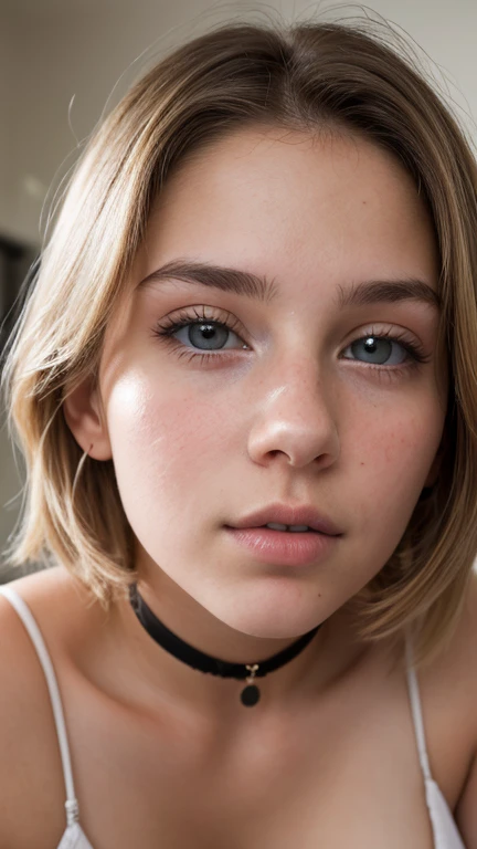 A troubled looking 19 yo blonde teen girl in a white tank top in a space station.  Cleavage. Close up big nose. Full lips. Eyes wide. Slender face. Very short hair