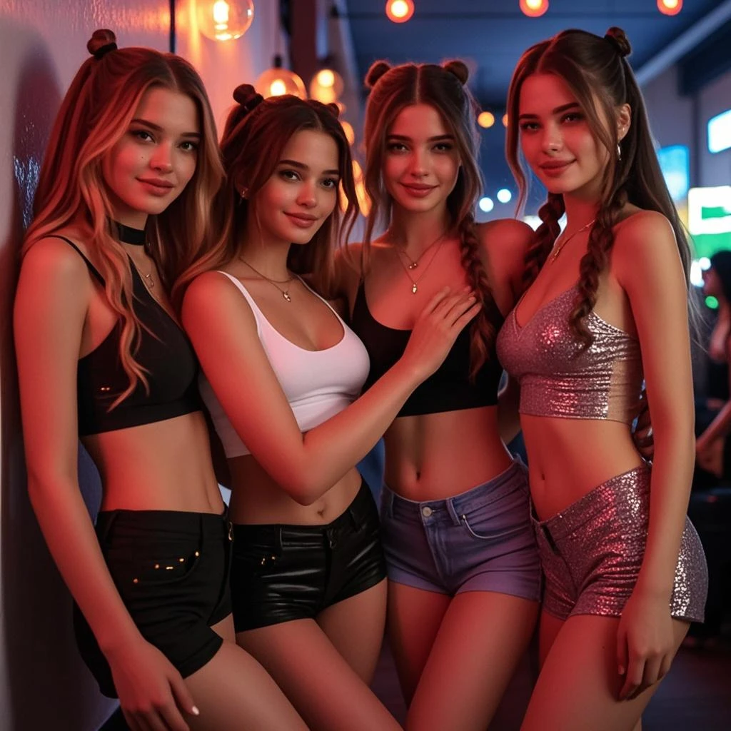 Capture a photorealistic, hyper-detailed image of 2 girls together in a single frame, smiling, Dark hair, pigtails, choker, (big breasts:1.3), one is a curvy Russian woman in a mini black floral dress at a rave party in the Caribbean. Another is a Russian girl who is of average build, with small . realistic skin texture. party in the background. Use film grain and ambient street lighting to create vintage shadows. evening. Export in RAW with a 'vintage elegance' Instagram LUT