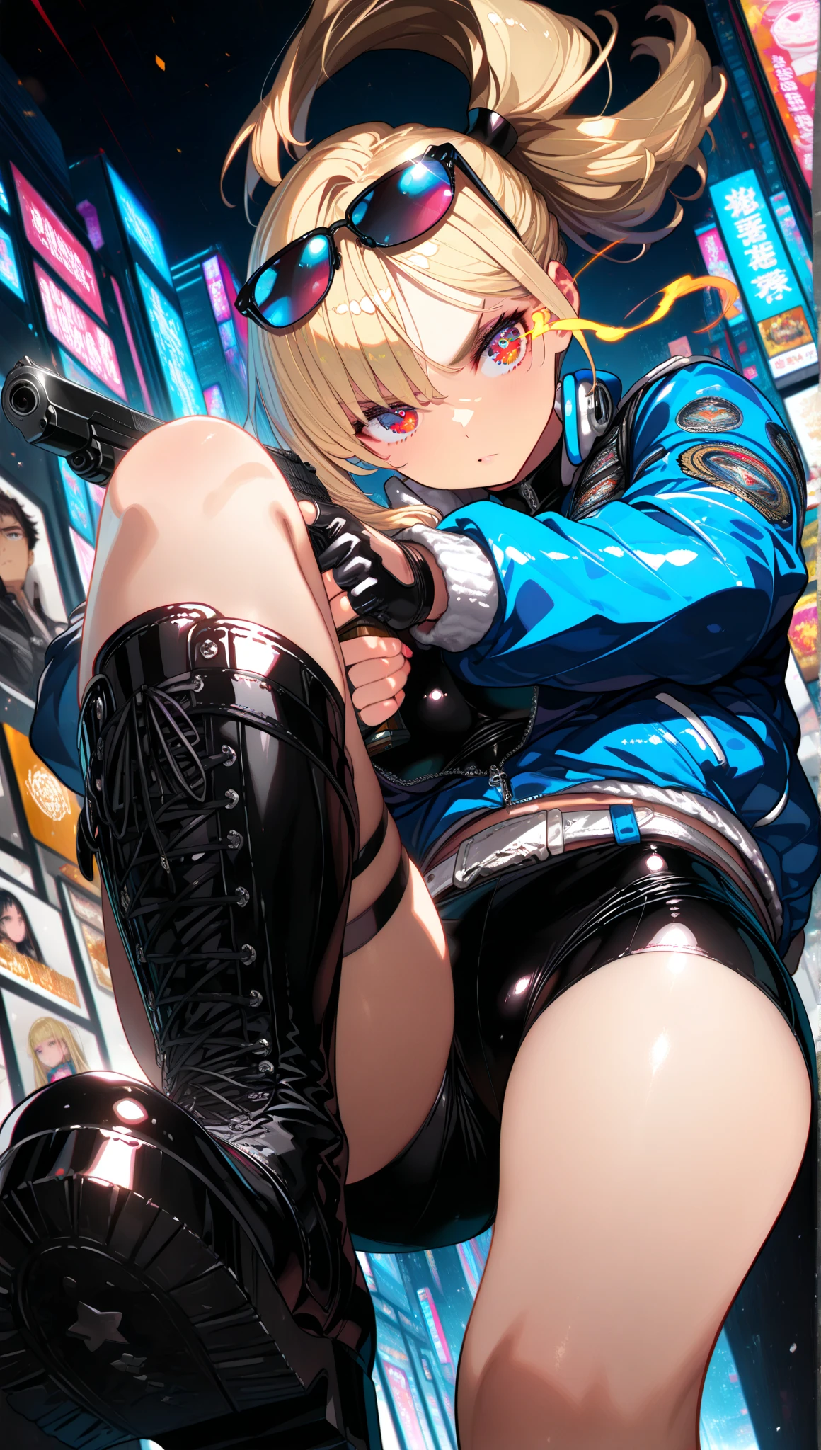 Beautiful woman medium hair、hated、cyberpunked、a short bob、a blond、White Summer Knitted Cap、 odd eye、blue  right eye、Green left eye、Blue Leather Vest、Long white T-shirt、White Cargo Pants、Black Engineer Boots、head phone、Wielding a kukri knife、Sprint、In front of Shibuya Station、natta