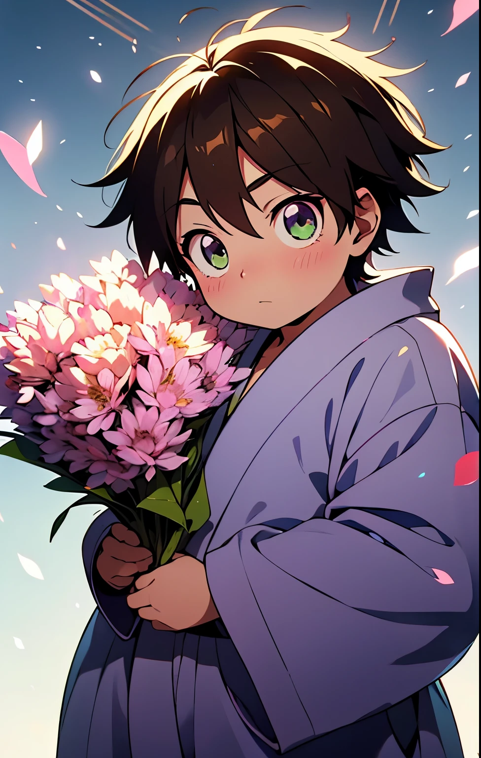 Create an anime-style illustration of Haruyuki Arita from Accel World, reimagined as a Genin from the Akimichi clan in the Naruto universe. He is a charming and confident age ninja, with a soft, round face and expressive eyes that reflect determination and kindness. His body is slightly chubby, in line with the proud physique of the Akimichi clan, but he carries himself with self-assurance and pride. A cute anime-style illustration of Haruyuki Arita from Accel World, dressed up for a spring festival inspired by the Naruto universe. He looks excited and a little shy, holding a bouquet of flowers and a stack of pink heart-shaped cards. He’s wearing a festive yukata with soft spring colors (maybe light blue or lavender) and a green sash. Around him, there are subtle festival decorations like paper lanterns and distant colorful flags. His cheeks are blushing, and his eyes are wide with anticipation as he prepares to drop his Elegant Mail into to someone, (brown hair)), ((black eyes)), ((chuby))
