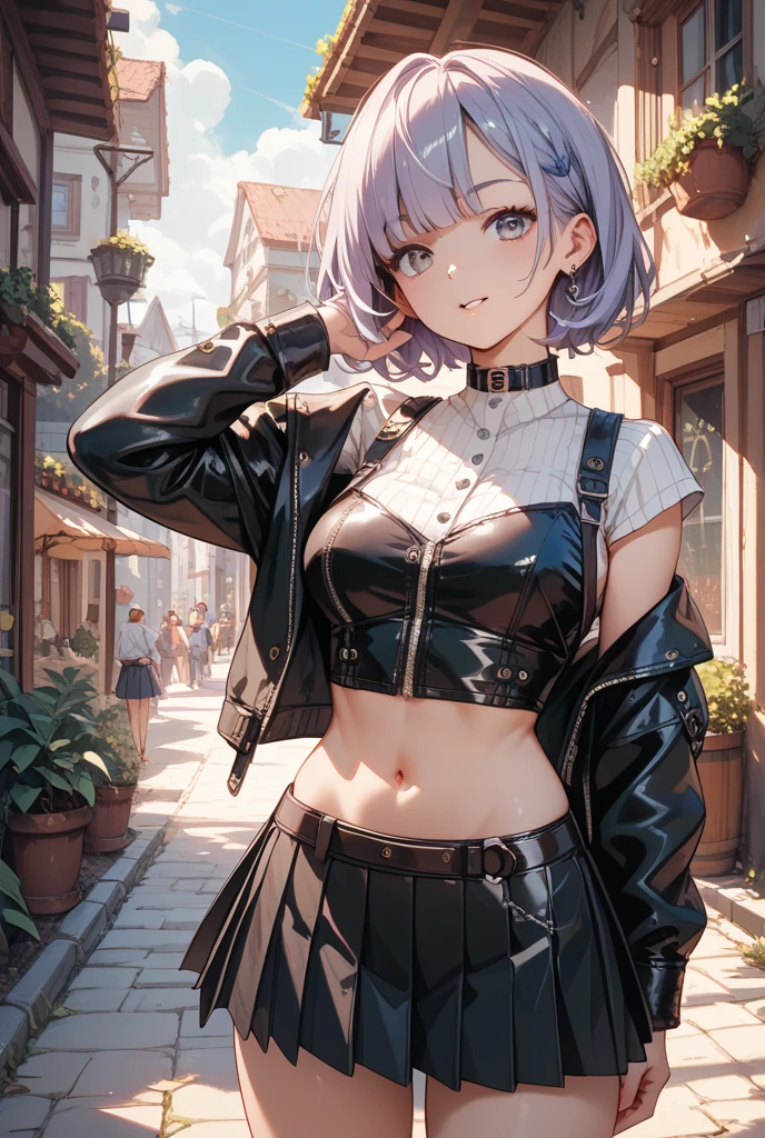 1girl, solo,  white hair, short hair,    bangs,  gothic blouse pencil Skirt anklet thigh boots,  modern Venice city evening,  viewfinder