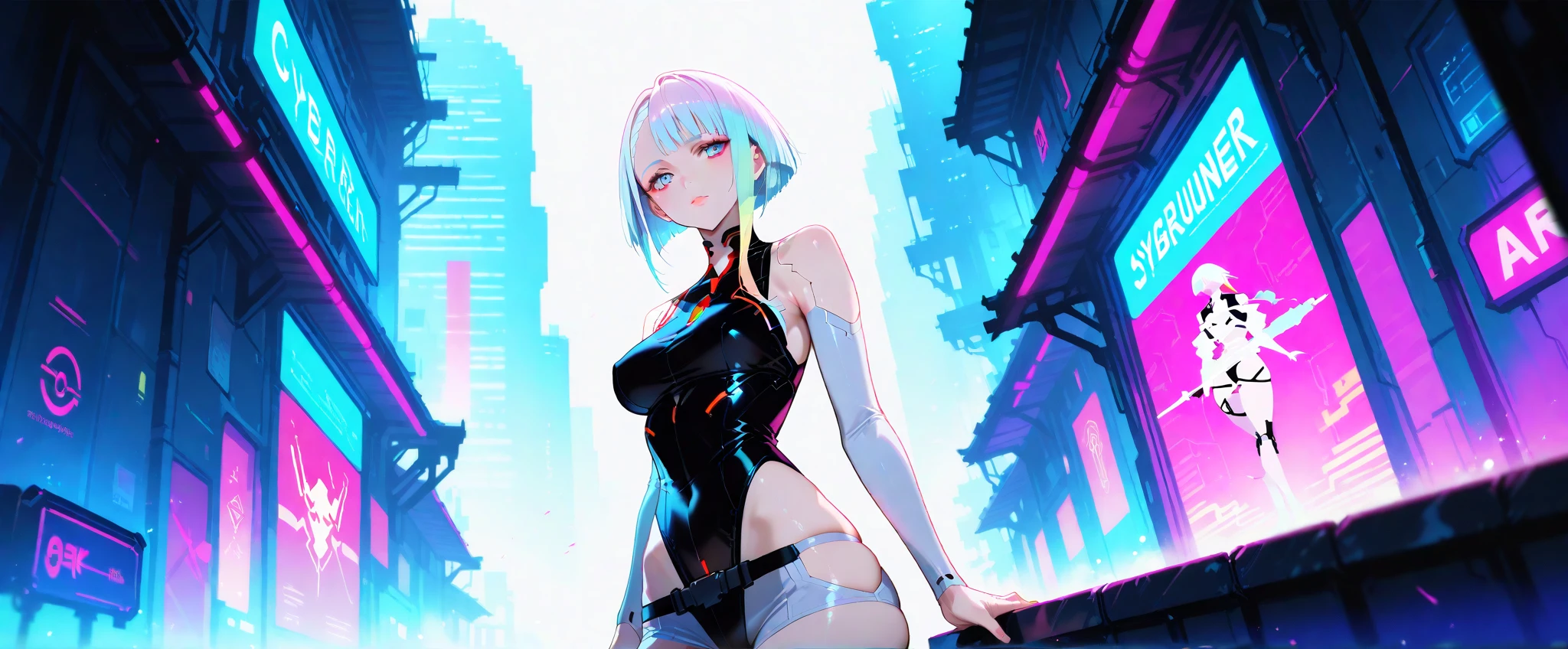 (dark theme:0.6), Glucose, 1 girl, One, short hair, Sitting on the edge of a skyscraper roof, Drone Photography,   draw up,  (paul zizka:1.2), White hair, pomade, in a bra, in bikini reduce,  Looking at the viewer, Grey eyes, blurred, crop top, (cyberpunk:1.3)(HDR:1.22), muted colors, complex background, hyper-detailed, art [[by Jordan Grimmer]]