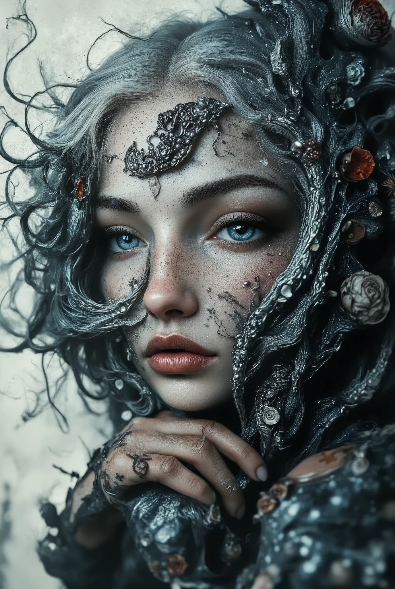 extreme macro facial close-up, high-contrast ink-wash image in luminous monochrome, the only color provided by deep-blue irises and red falling flower petals; faux shallow depth-of-field suggests large-aperture optics, soft side light from left sculpts low-contrast shadows across ornate textures. Adult woman with alabaster skin; platinum ribbons of hair curl in fluid arcs, threaded with crimson petals, seed-pearls, and baroque silver scrollwork. Intricate filigree mask of interlocking vines and rose rosettes clads right cheek and brow, catching diffuse highlights. Expression calm, gaze drifting past lens, icy eyes glowing against the grayscale field. Background dissolves into abstract alabaster swirls that echo the hairas motion. flower petals Palette a dominant: ivory, cool complement: silver frost, warm complement: moonstone grey, accent: crimson red, variant: shell white, neutral: midnight blue. 8k masterpiece, ultra-detailed, cinematic lighting, ethereal near-monochrome, ornamental baroque, icy accent, serene elegance 